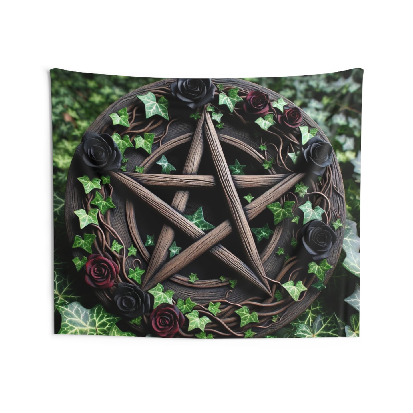 Tapestry Wall Decor - Wood Pentacle with Red and Black Roses in Ivy