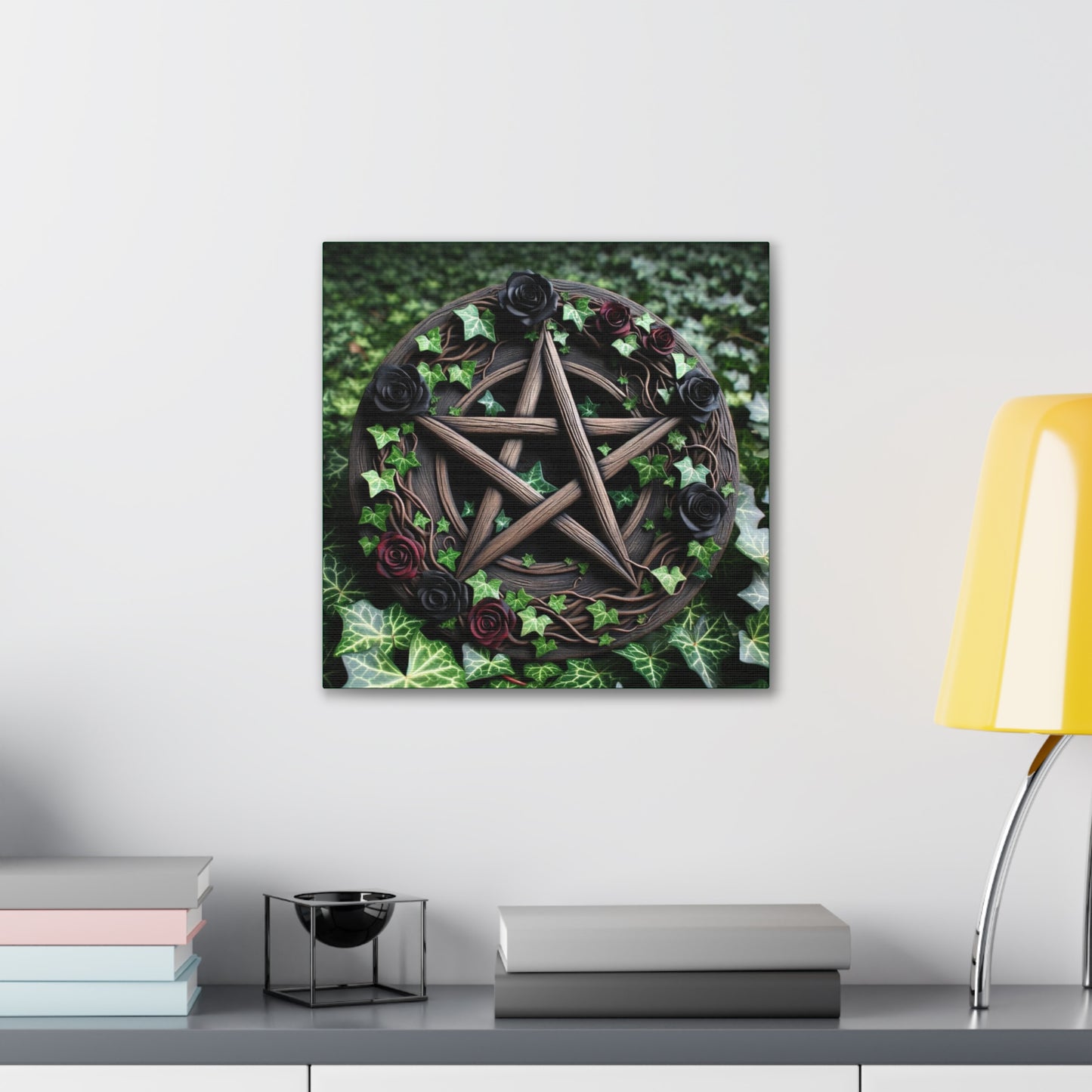 Canvas Wall Art, Wood Pentacle with Red and Black Roses in Ivy Design