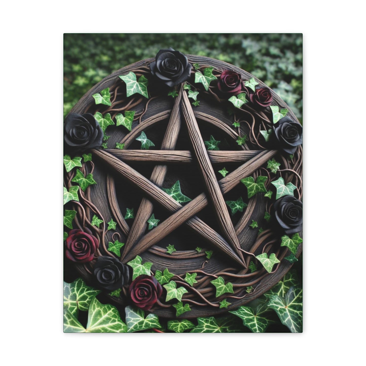 Canvas Wall Art, Wood Pentacle with Red and Black Roses in Ivy Design