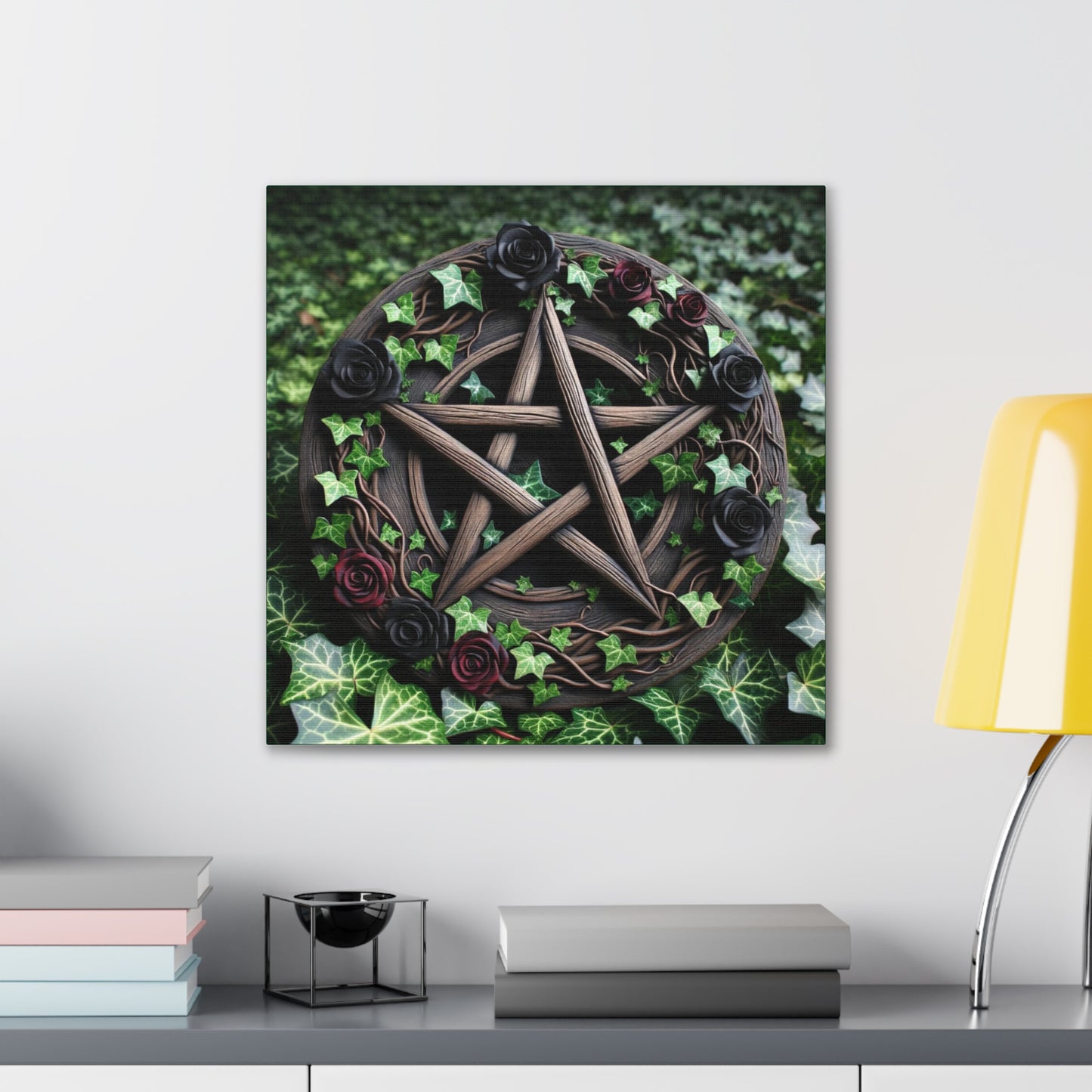 Canvas Wall Art, Wood Pentacle with Red and Black Roses in Ivy Design