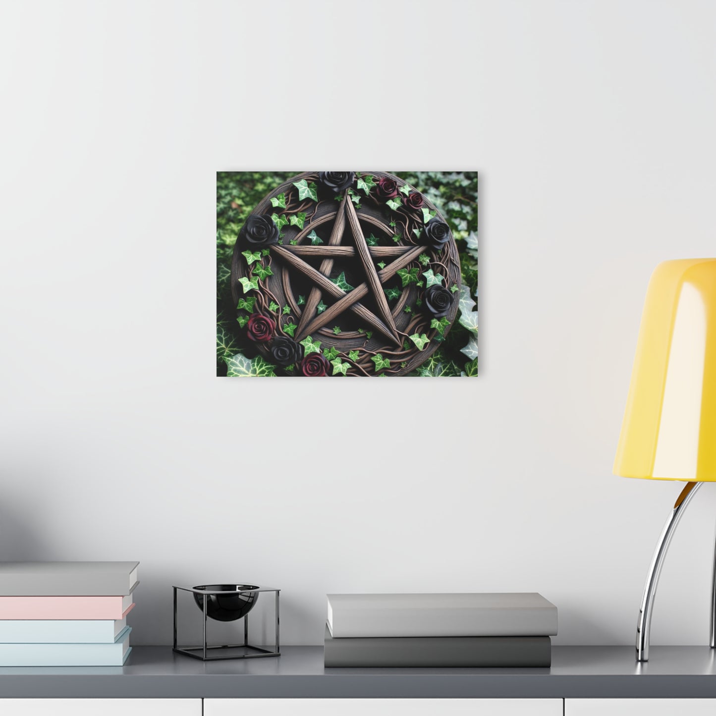 Acrylic Print Wall Decor - Wood Pentacle with Red and Black Roses in Ivy