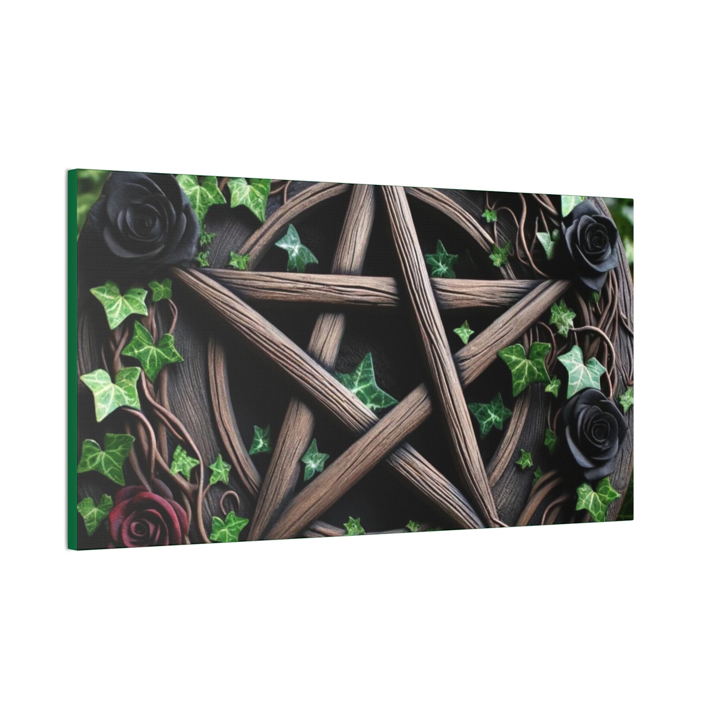 Canvas Wall Art, Wood Pentacle with Red and Black Roses in Ivy Design