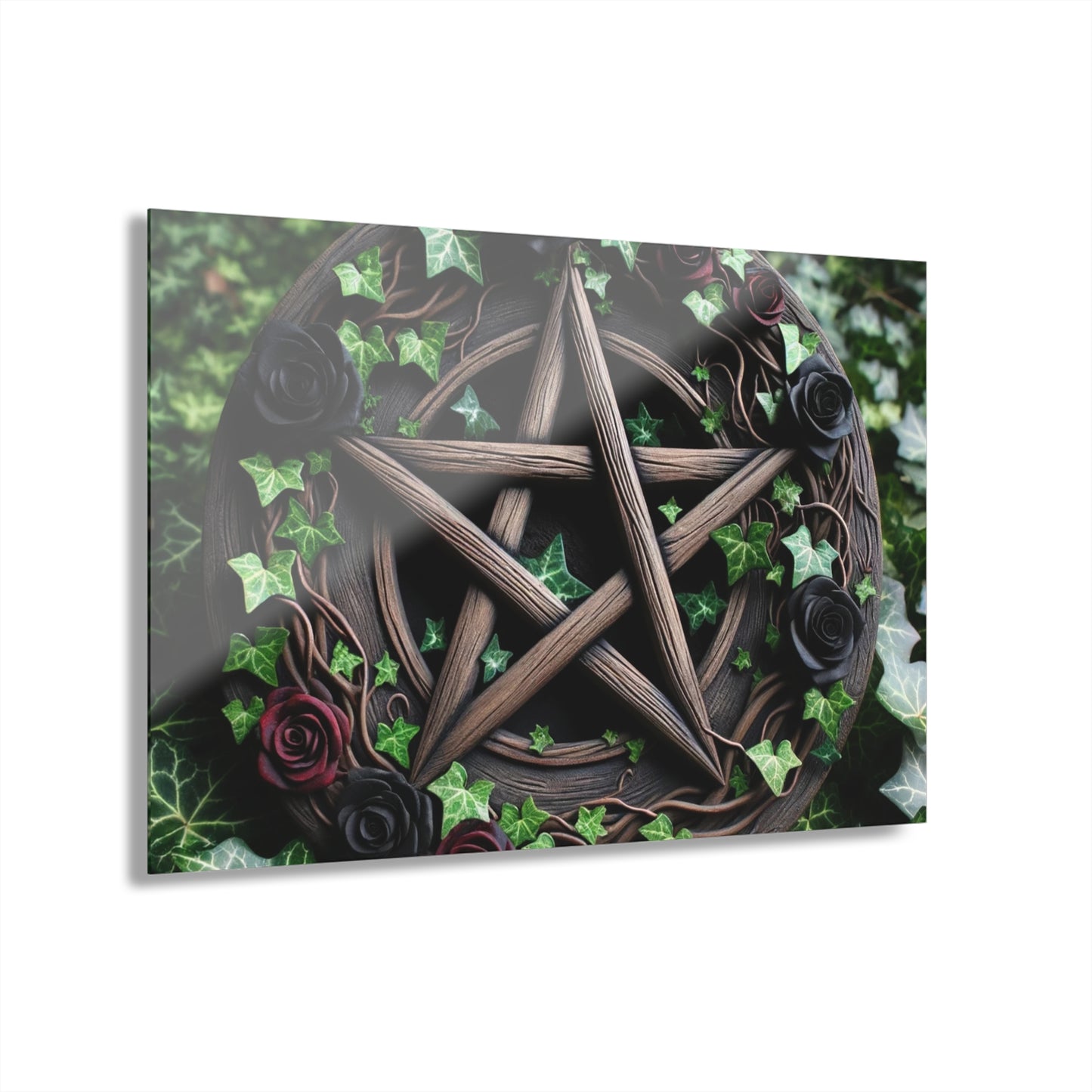 Acrylic Print Wall Decor - Wood Pentacle with Red and Black Roses in Ivy