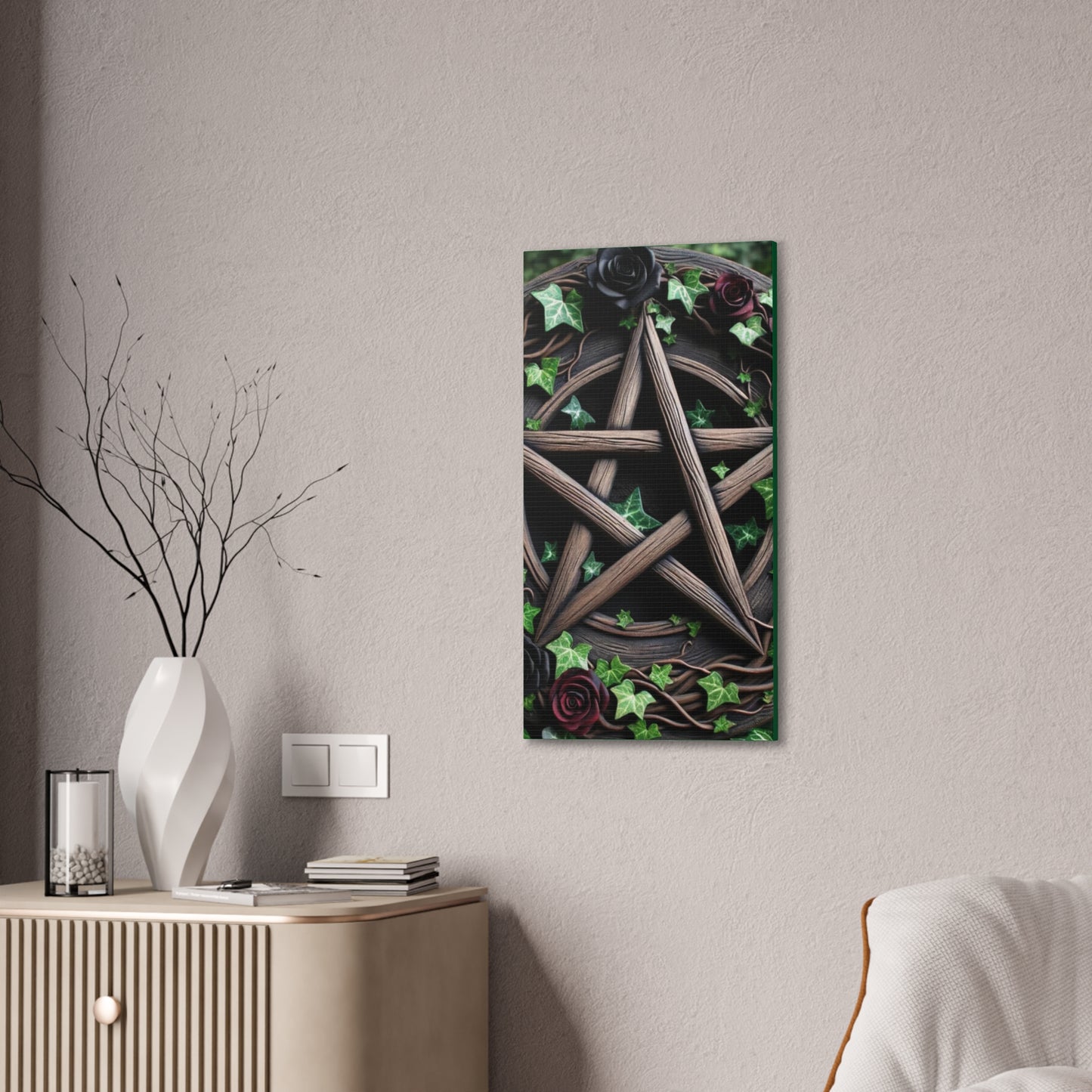 Canvas Wall Art, Wood Pentacle with Red and Black Roses in Ivy Design