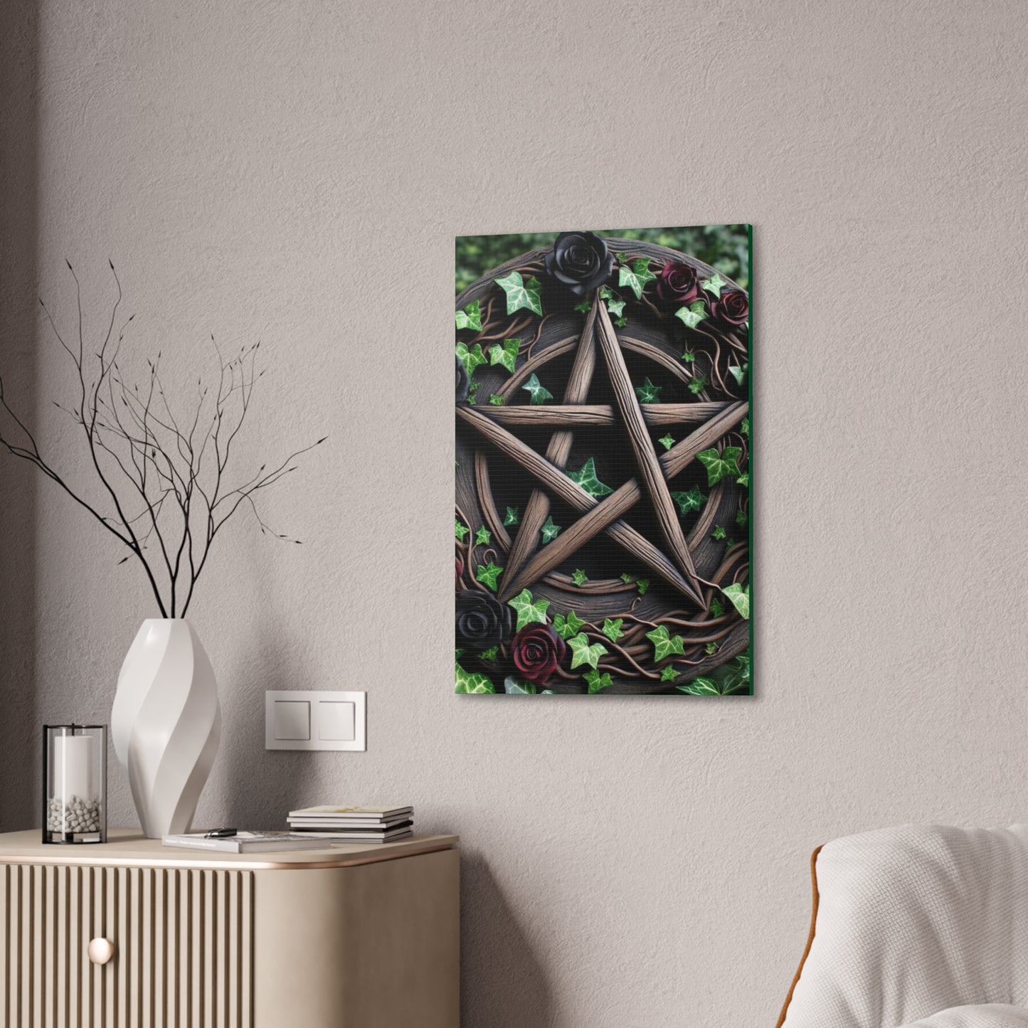 Canvas Wall Art, Wood Pentacle with Red and Black Roses in Ivy Design