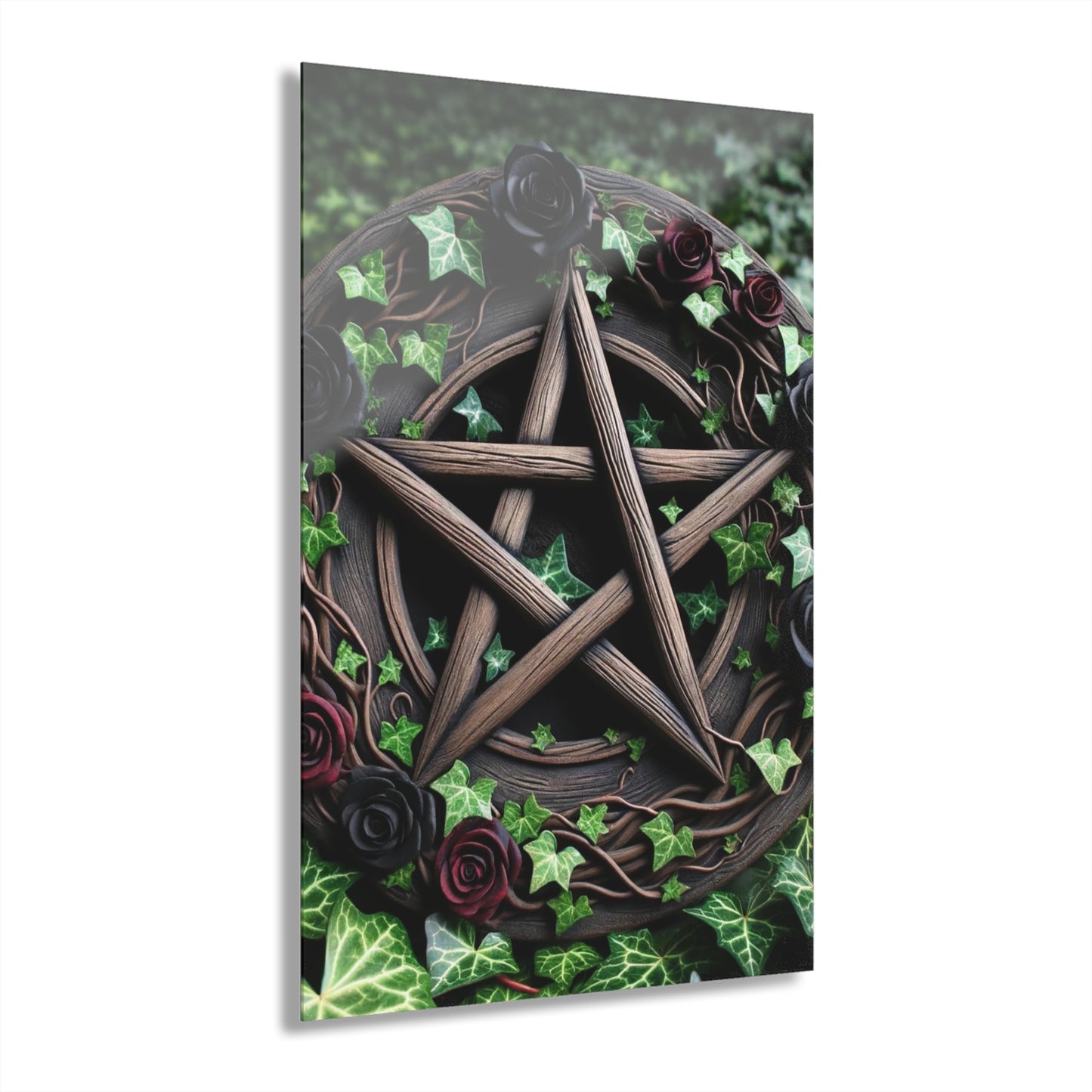 Acrylic Print Wall Decor - Wood Pentacle with Red and Black Roses in Ivy