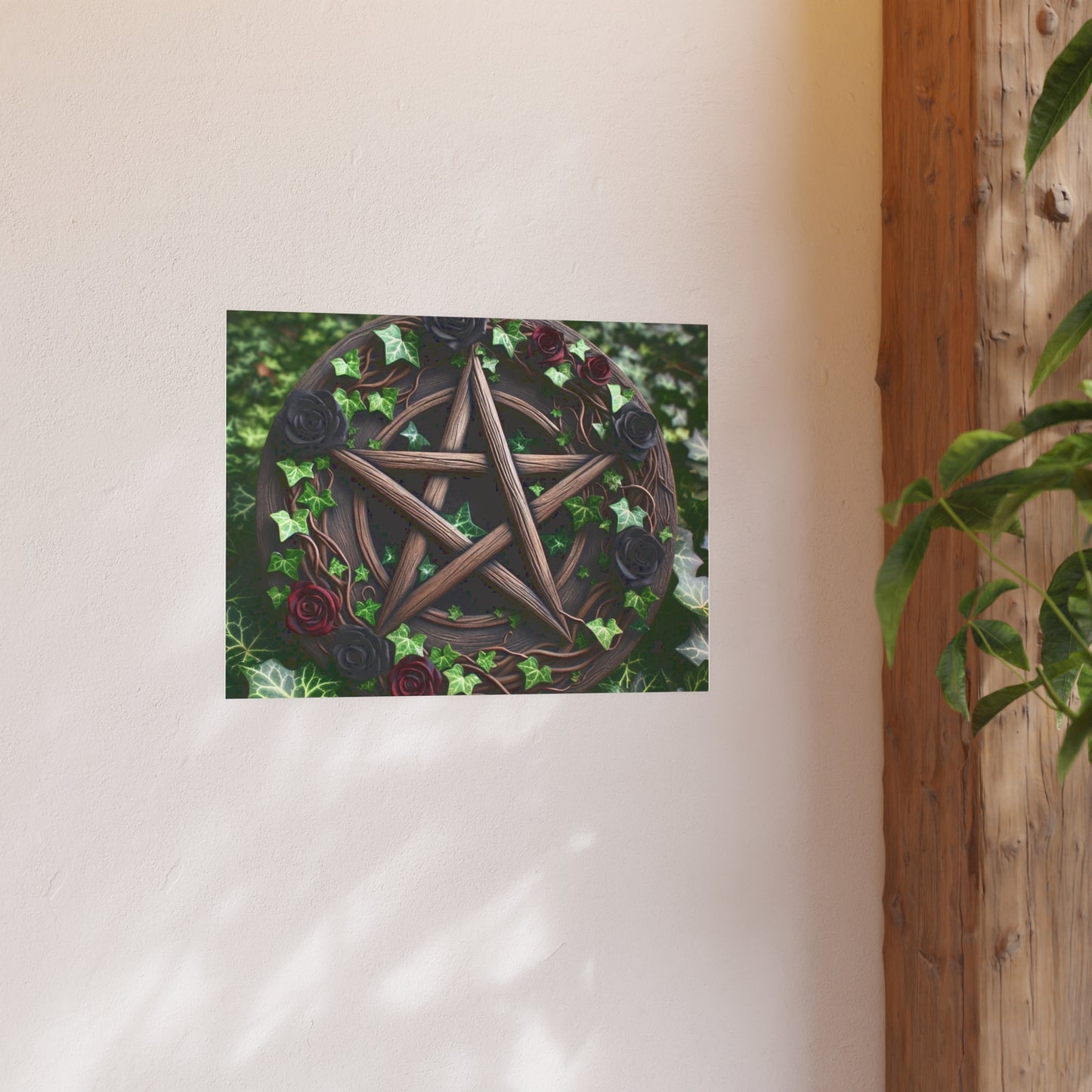 Poster - Wood Pentacle with Red and Black Roses in Ivy