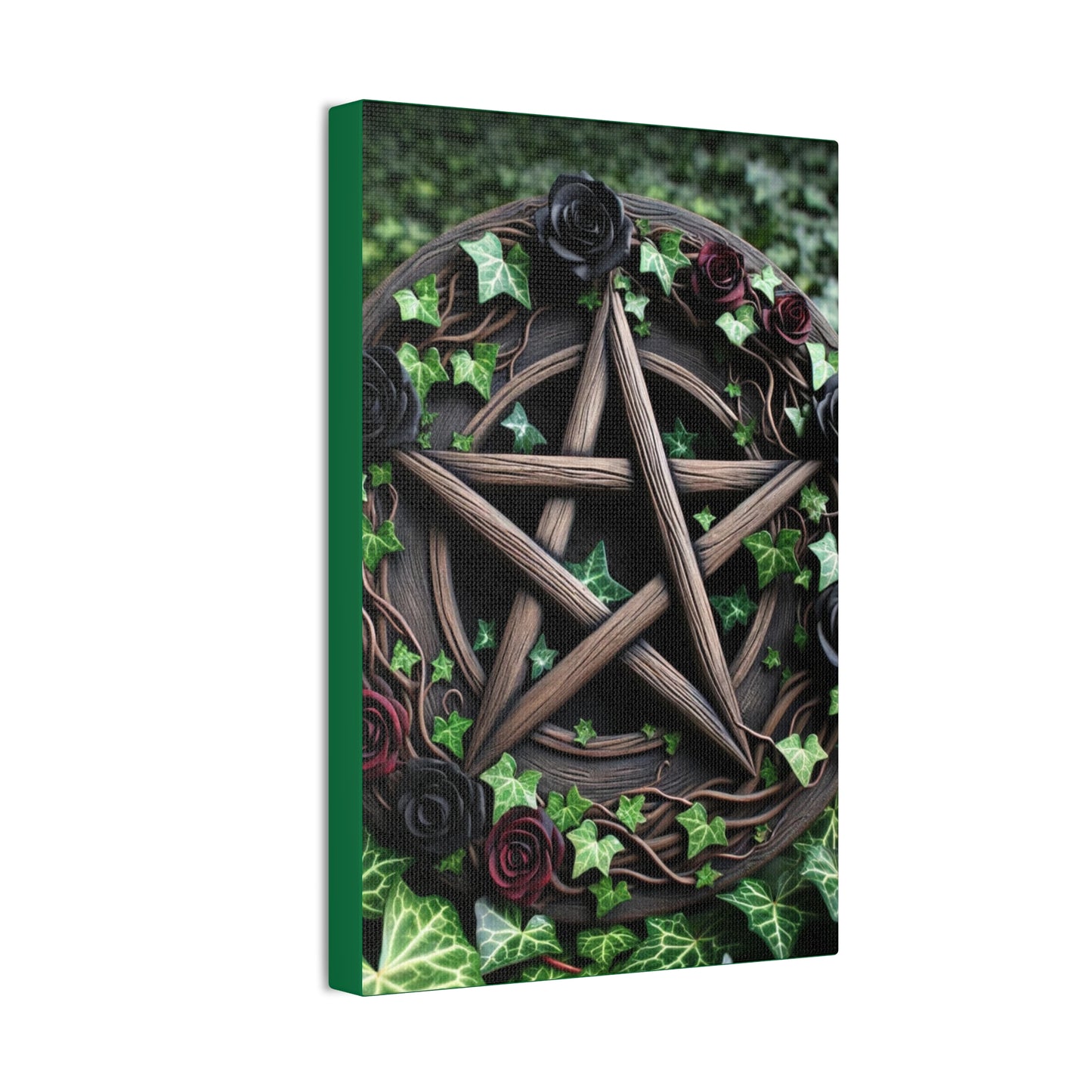 Canvas Wall Art, Wood Pentacle with Red and Black Roses in Ivy Design