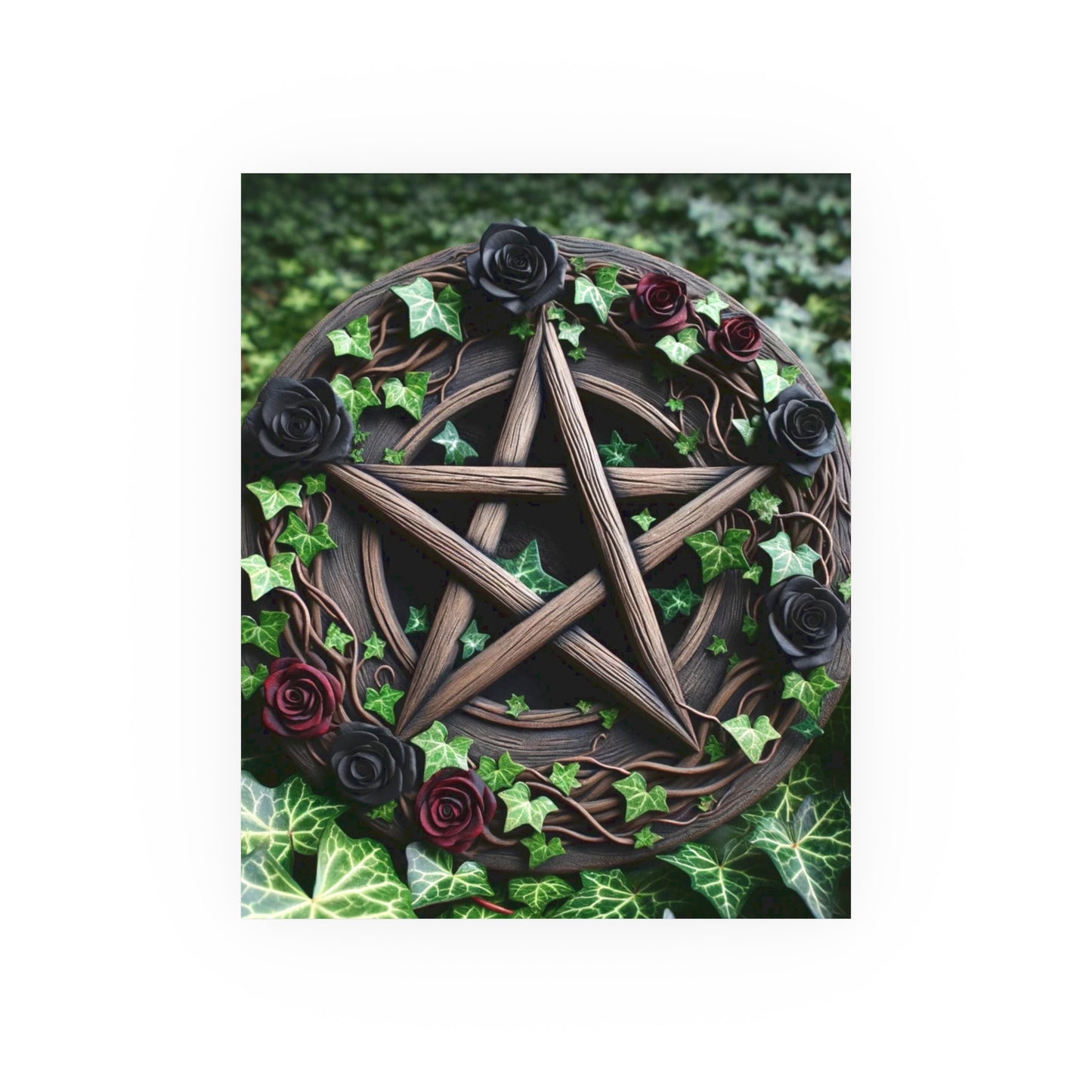 Poster - Wood Pentacle with Red and Black Roses in Ivy