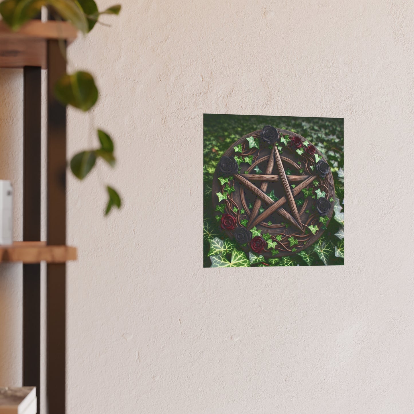 Poster - Wood Pentacle with Red and Black Roses in Ivy