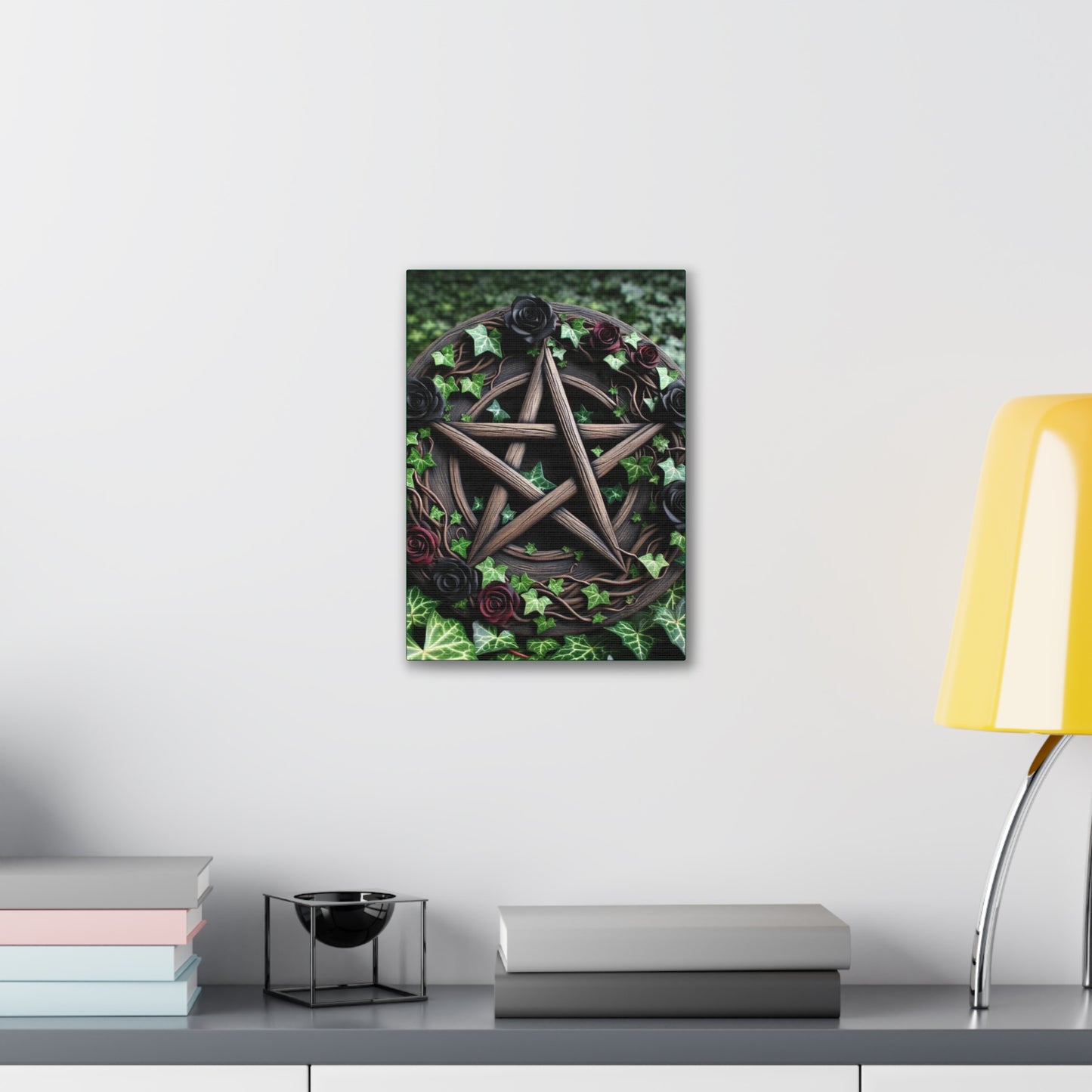 Canvas Wall Art, Wood Pentacle with Red and Black Roses in Ivy Design