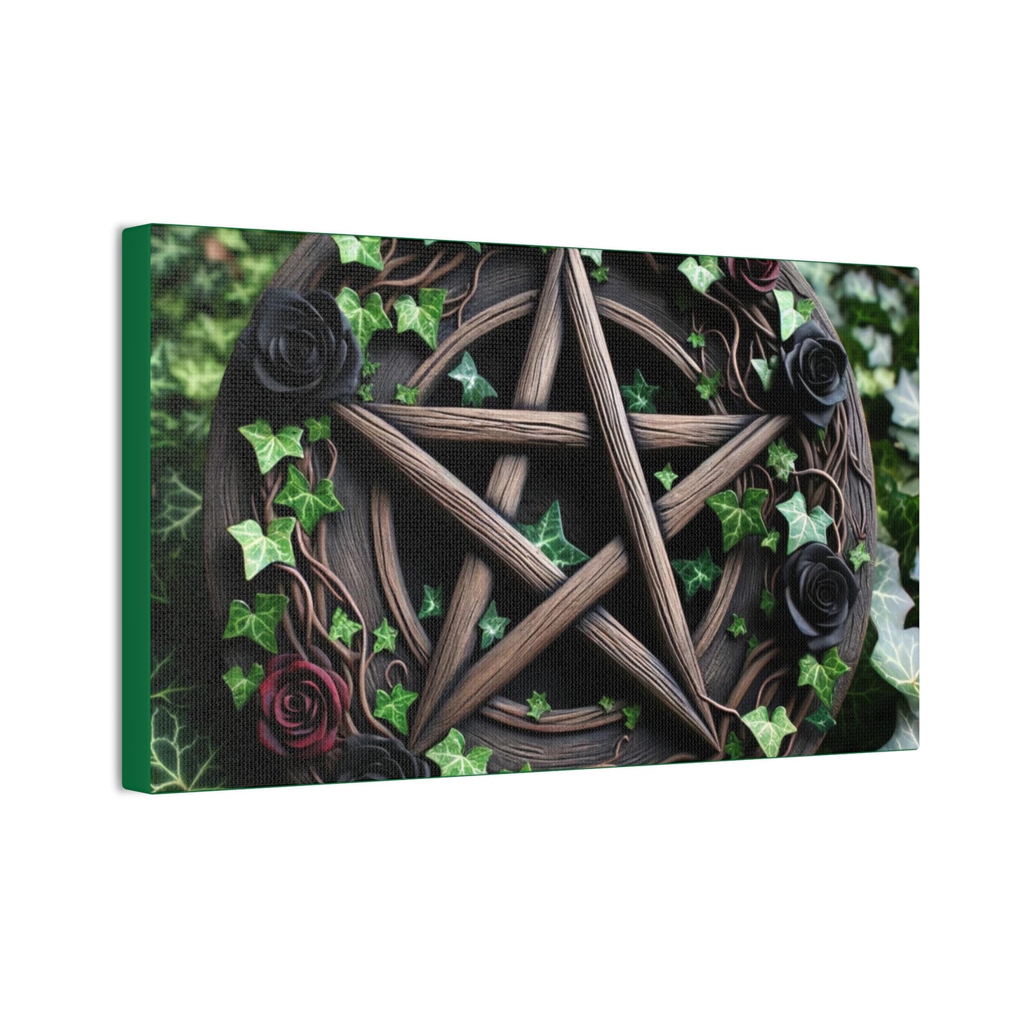 Canvas Wall Art, Wood Pentacle with Red and Black Roses in Ivy Design