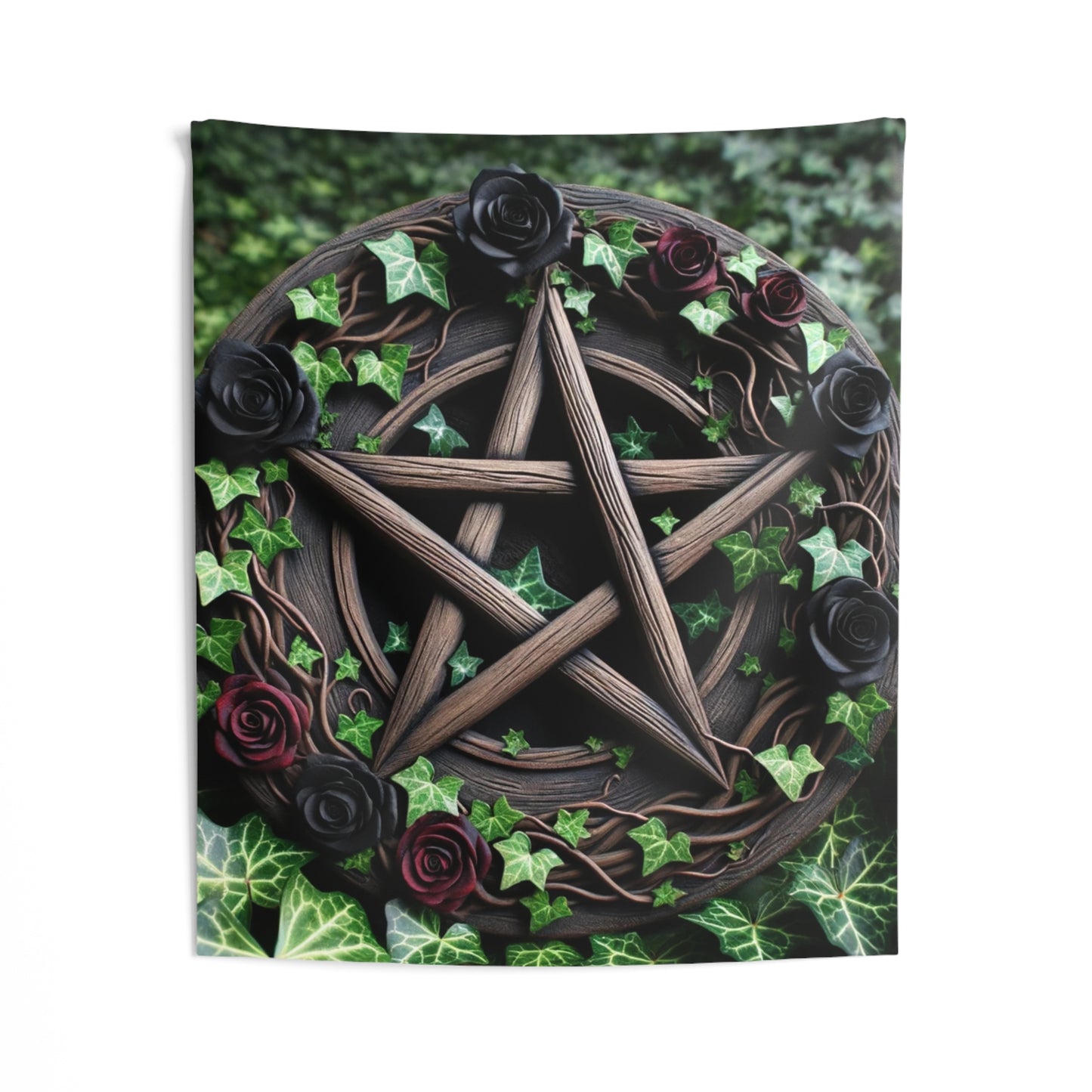 Tapestry Wall Decor - Wood Pentacle with Red and Black Roses in Ivy