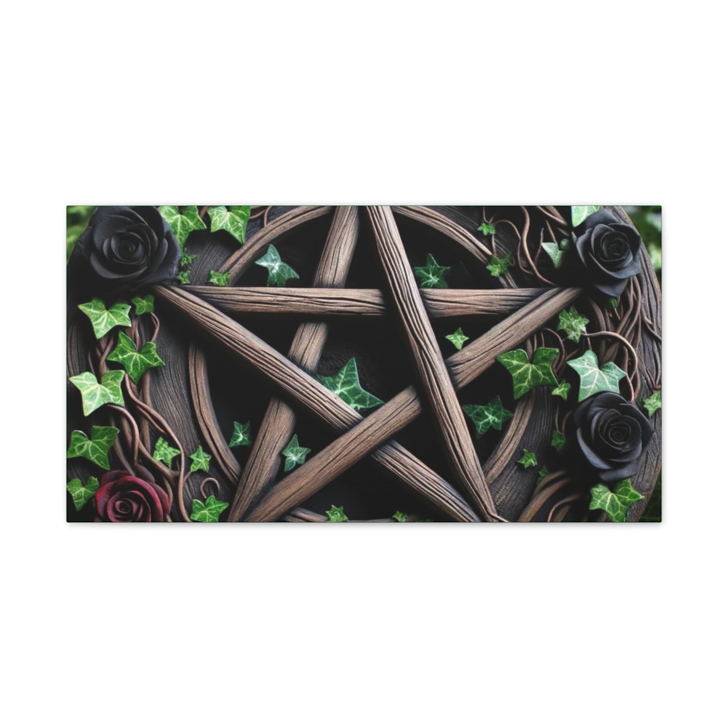 Canvas Wall Art, Wood Pentacle with Red and Black Roses in Ivy Design