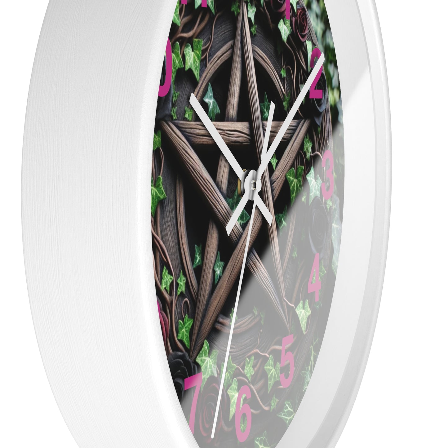 Wood Pentacle Wall Clock with Red and Black Roses in Ivy