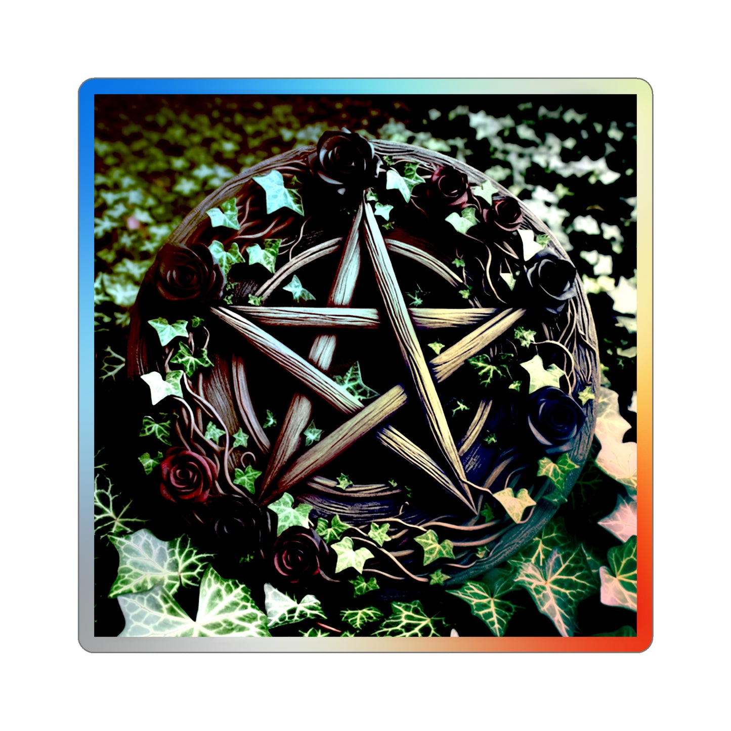 Holographic Sticker - Wood Pentacle with Red and Black Roses in Ivy