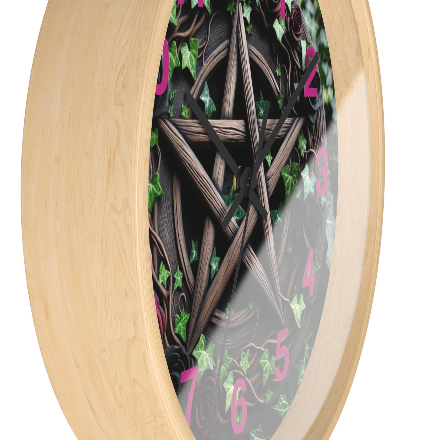 Wood Pentacle Wall Clock with Red and Black Roses in Ivy