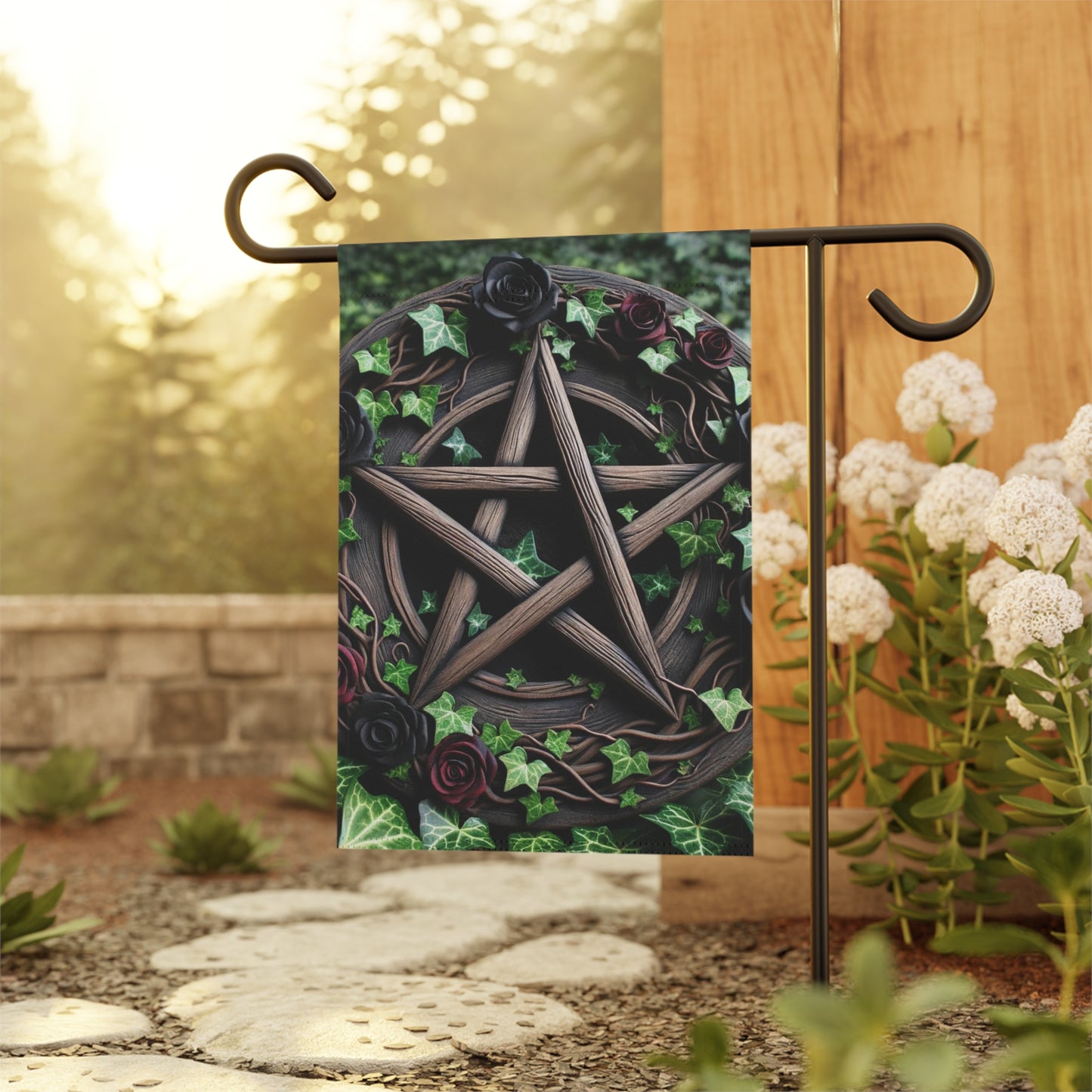 House Banner - Wood Pentacle with Red and Black Roses in Ivy Design