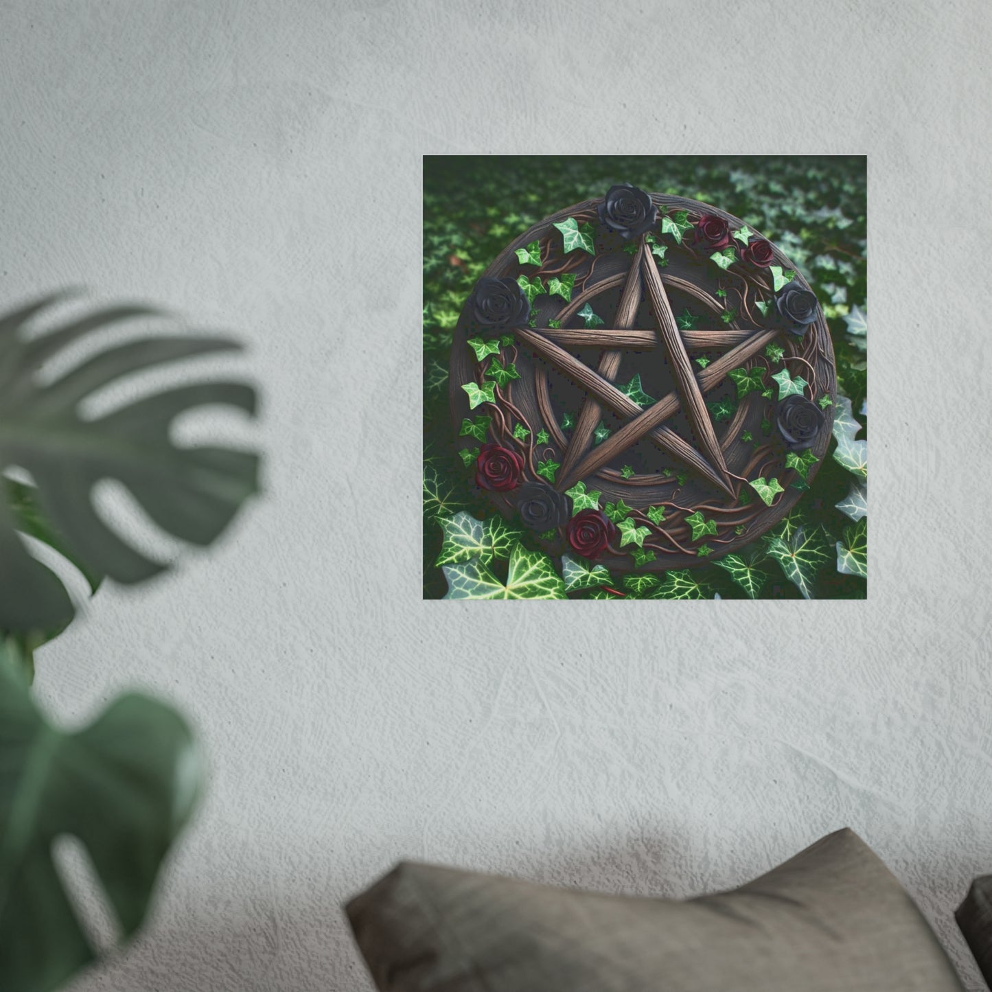 Poster - Wood Pentacle with Red and Black Roses in Ivy