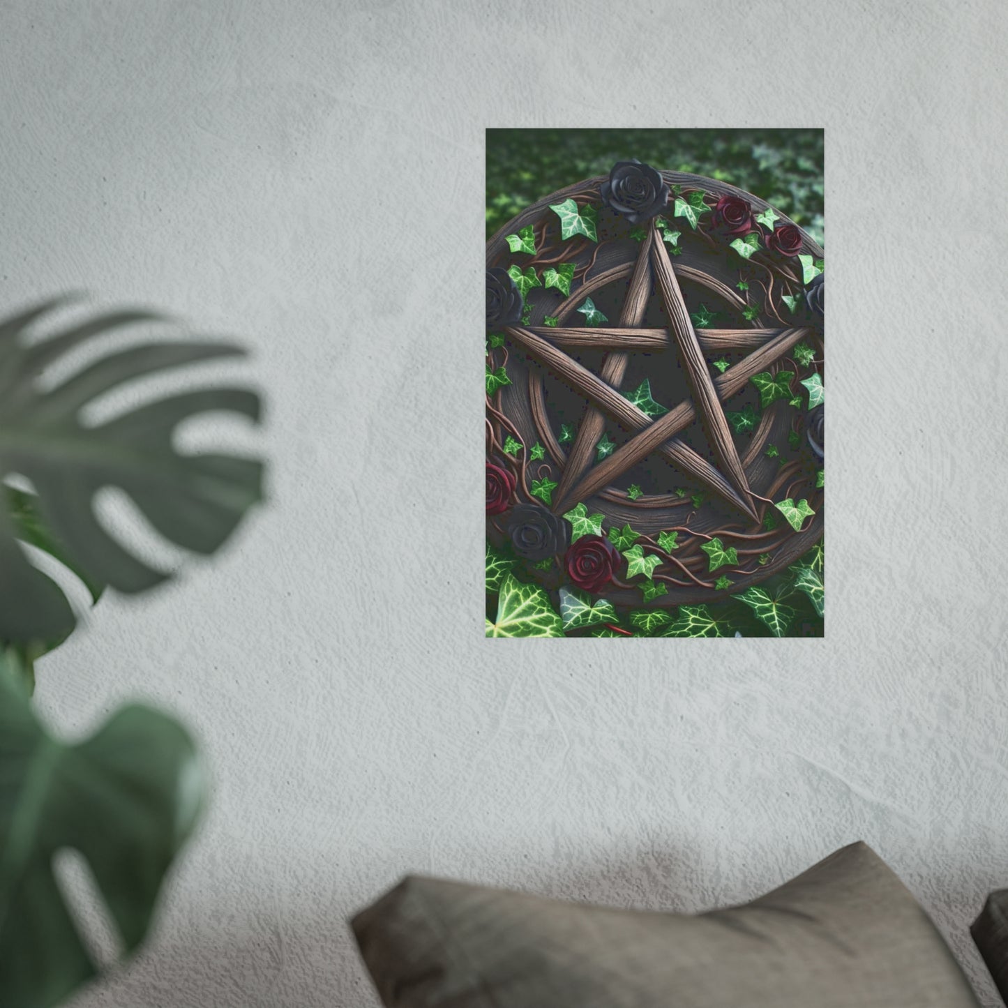 Poster - Wood Pentacle with Red and Black Roses in Ivy