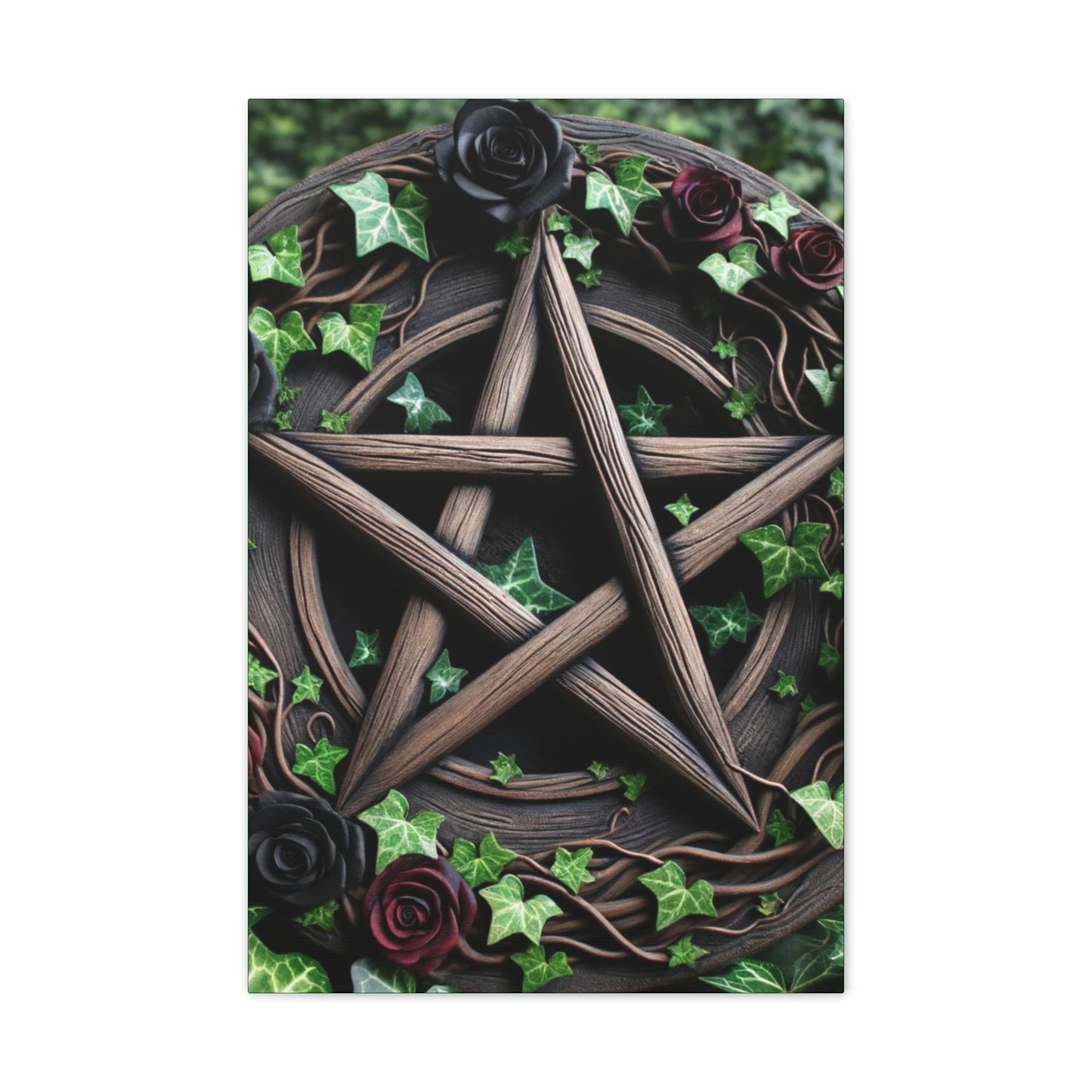 Canvas Wall Art, Wood Pentacle with Red and Black Roses in Ivy Design