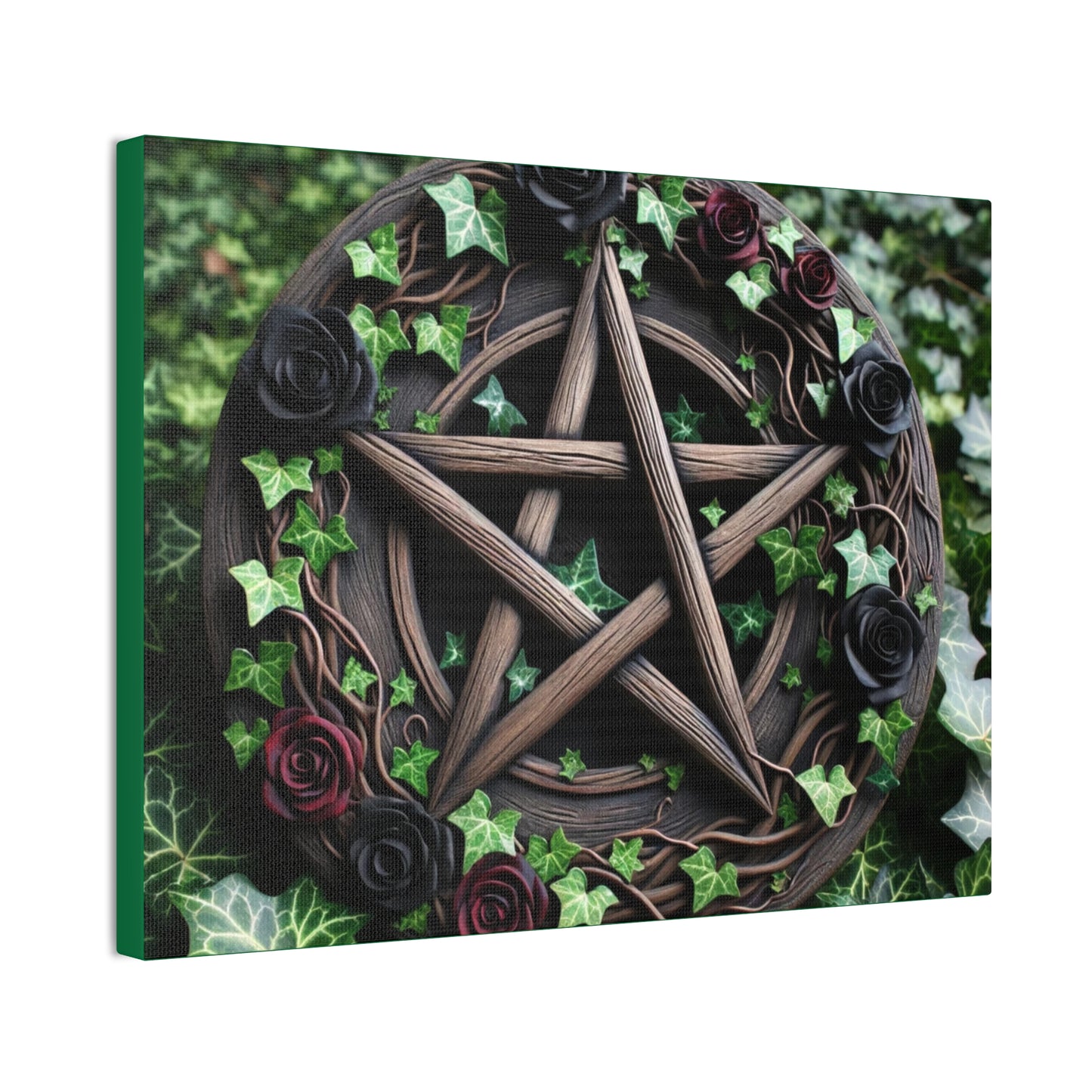 Canvas Wall Art, Wood Pentacle with Red and Black Roses in Ivy Design