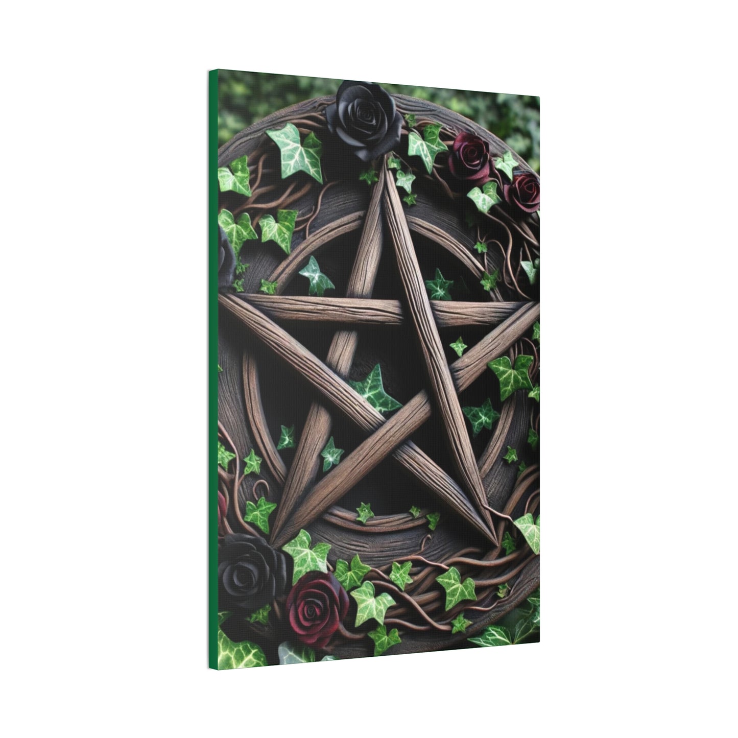 Canvas Wall Art, Wood Pentacle with Red and Black Roses in Ivy Design