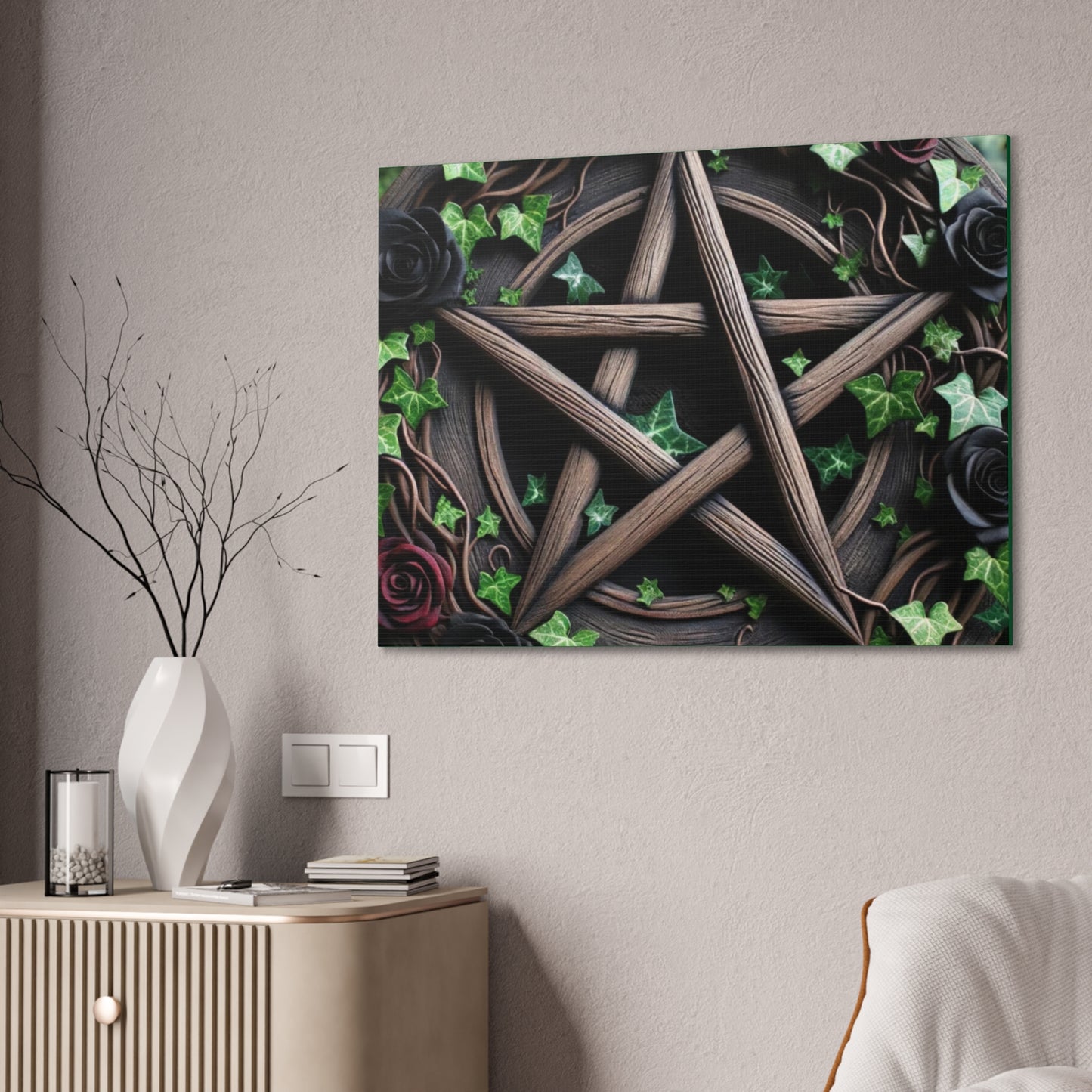 Canvas Wall Art, Wood Pentacle with Red and Black Roses in Ivy Design