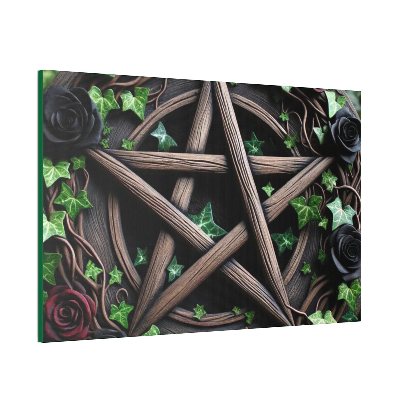 Canvas Wall Art, Wood Pentacle with Red and Black Roses in Ivy Design