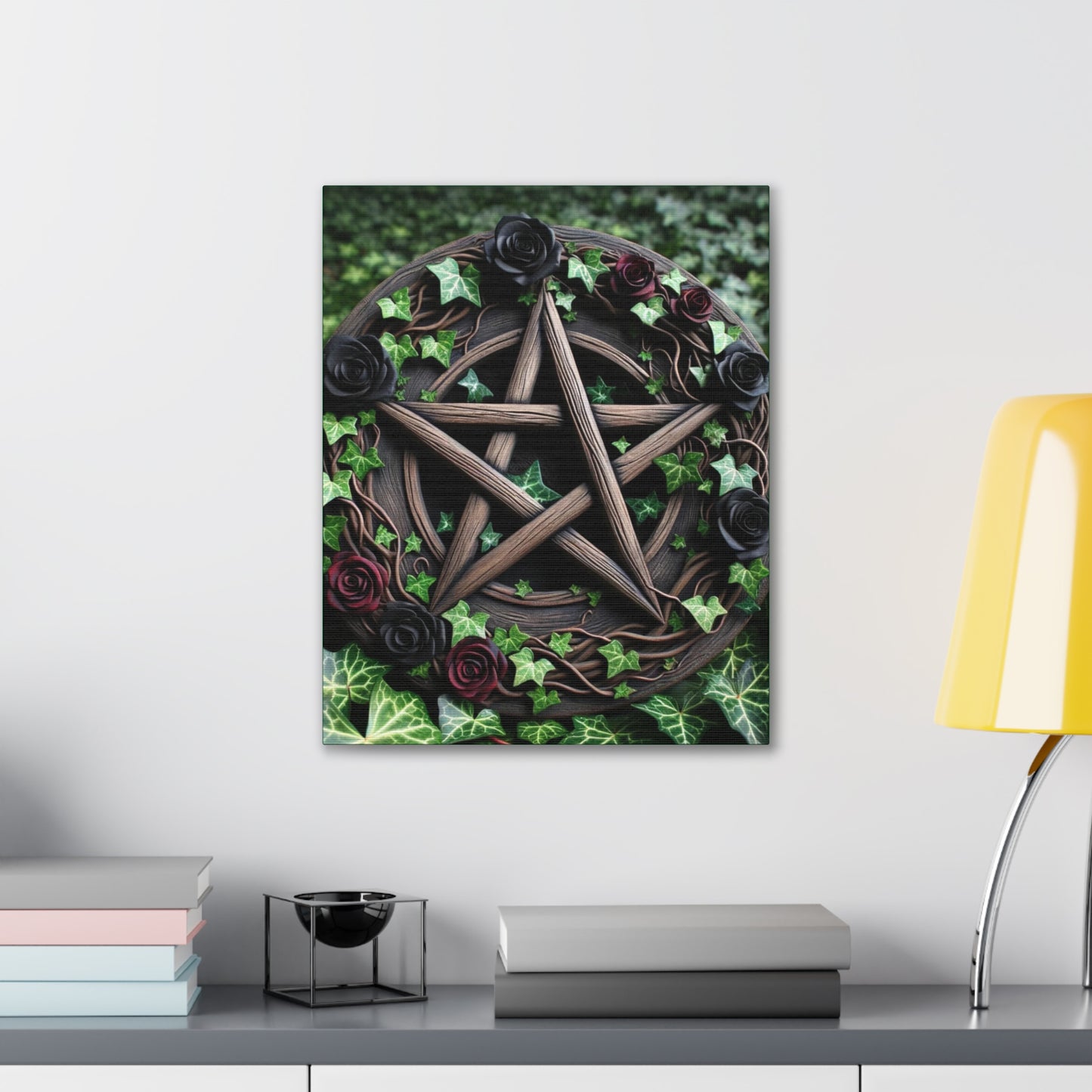 Canvas Wall Art, Wood Pentacle with Red and Black Roses in Ivy Design