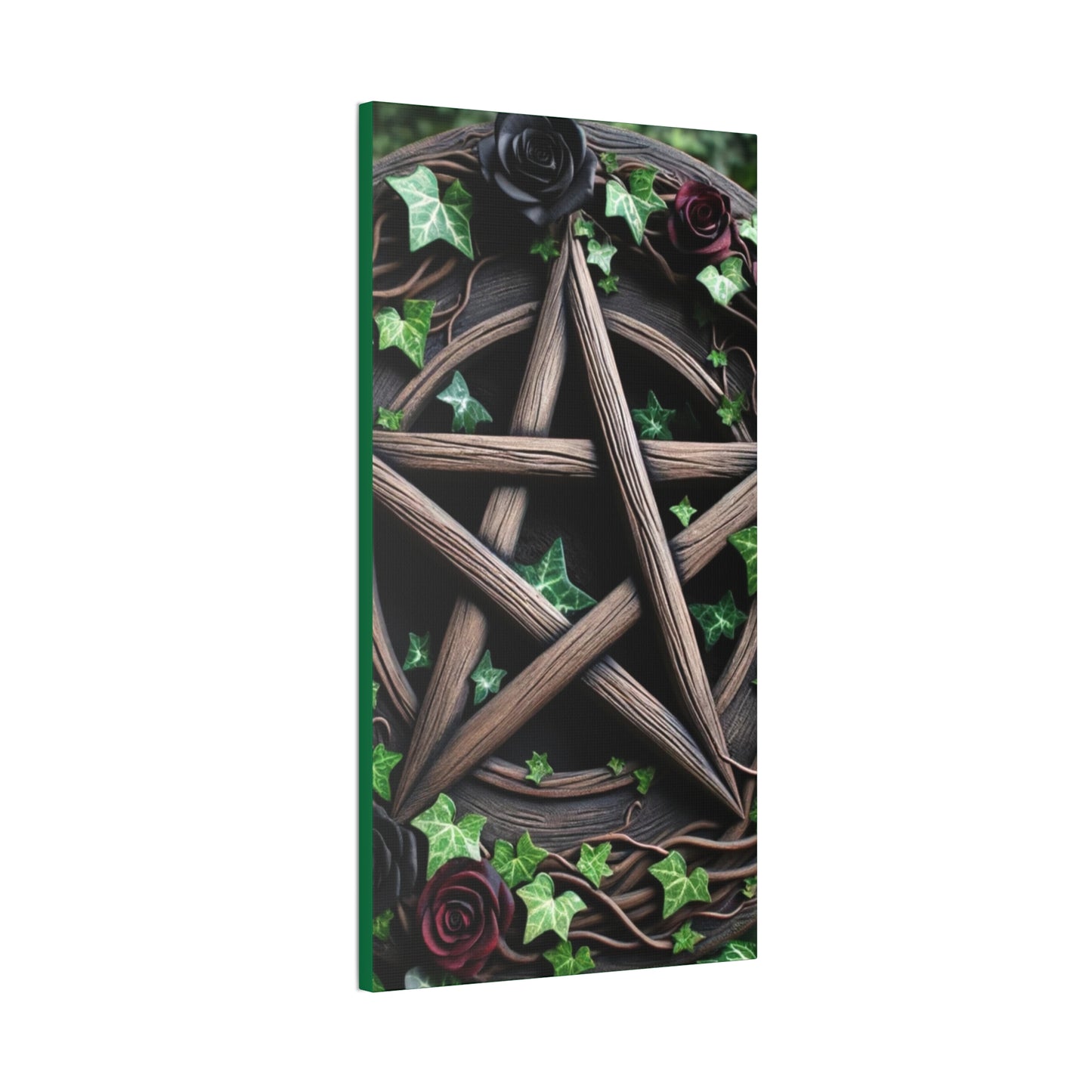 Canvas Wall Art, Wood Pentacle with Red and Black Roses in Ivy Design