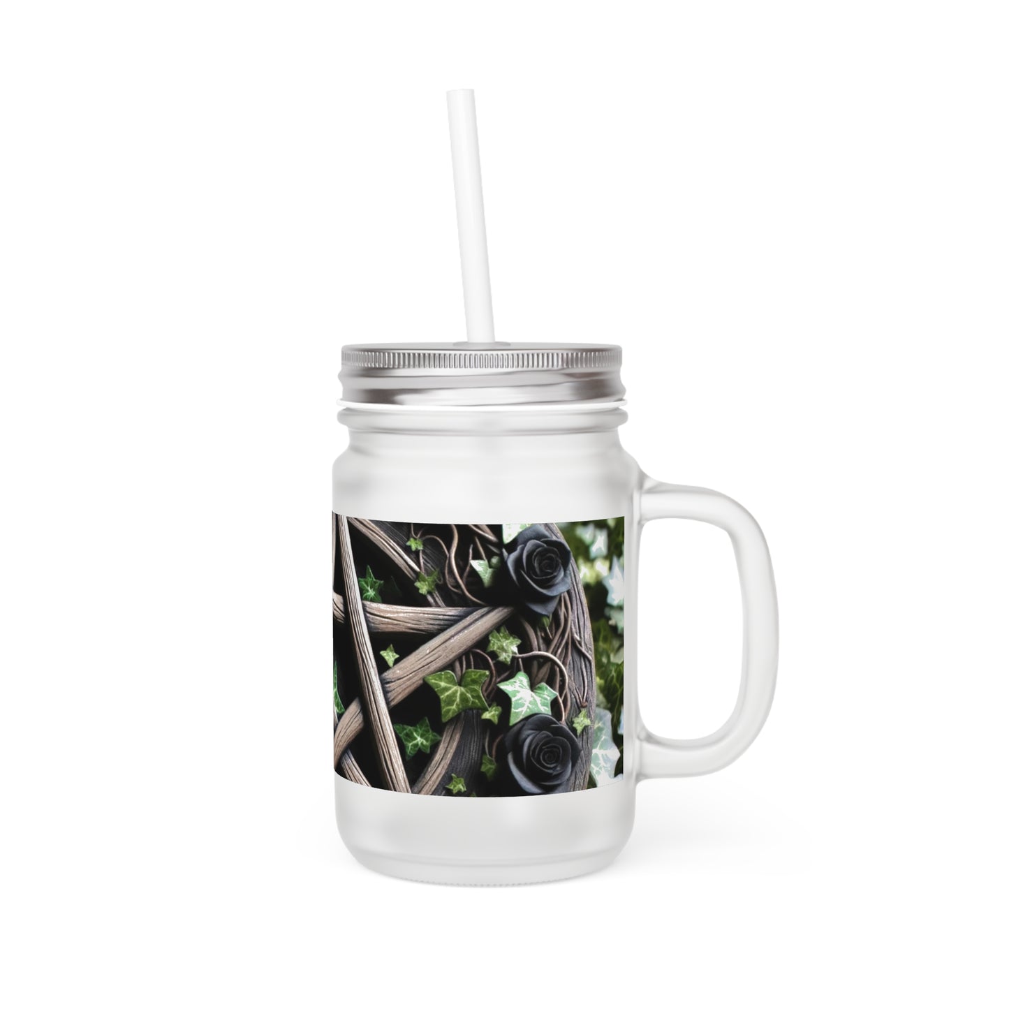 Mason Jar Mug with Wood Pentacle and Roses Design