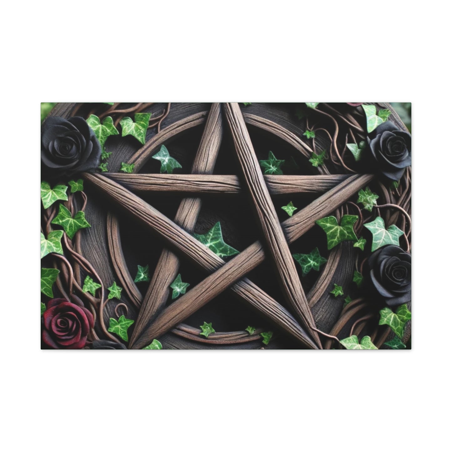 Canvas Wall Art, Wood Pentacle with Red and Black Roses in Ivy Design