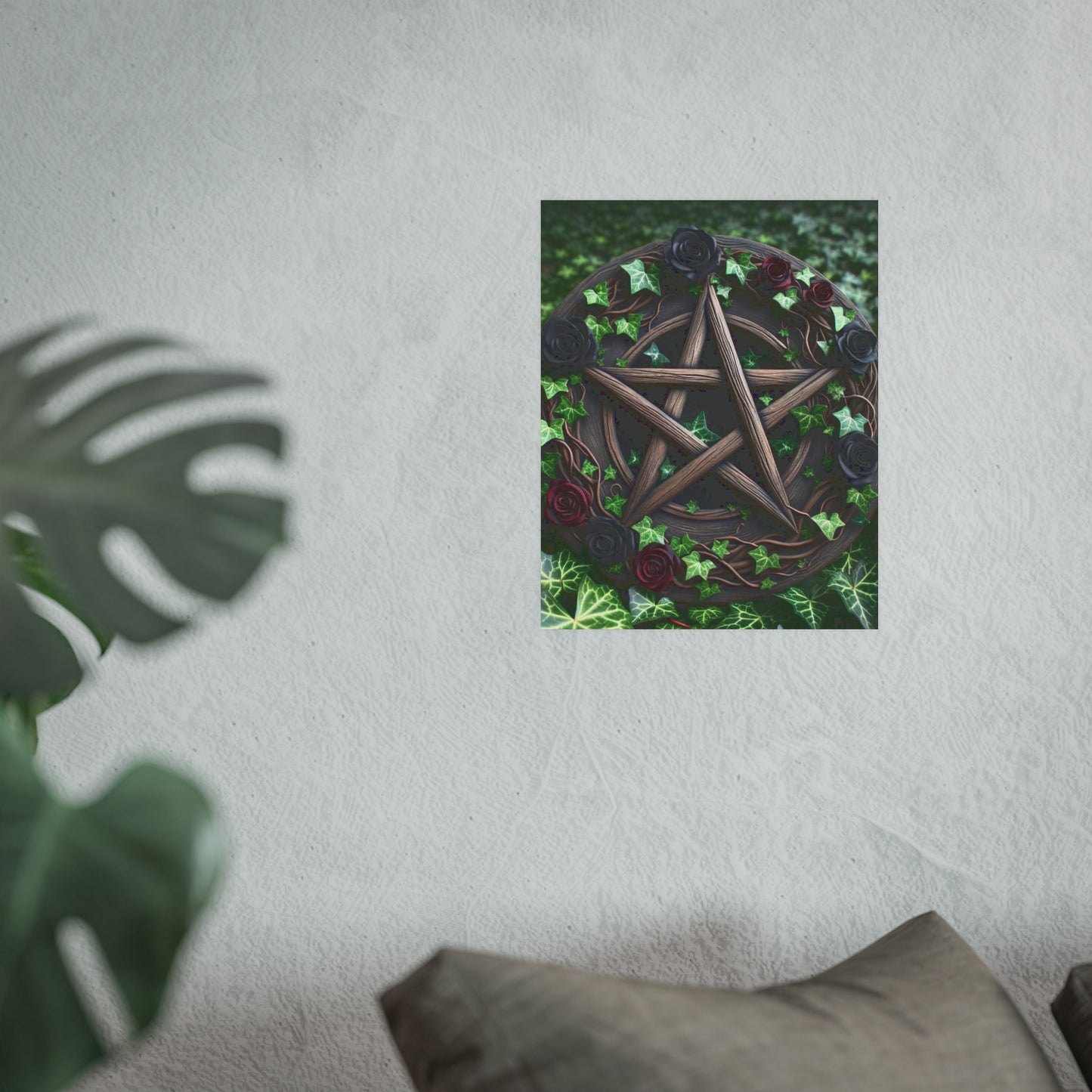 Poster - Wood Pentacle with Red and Black Roses in Ivy