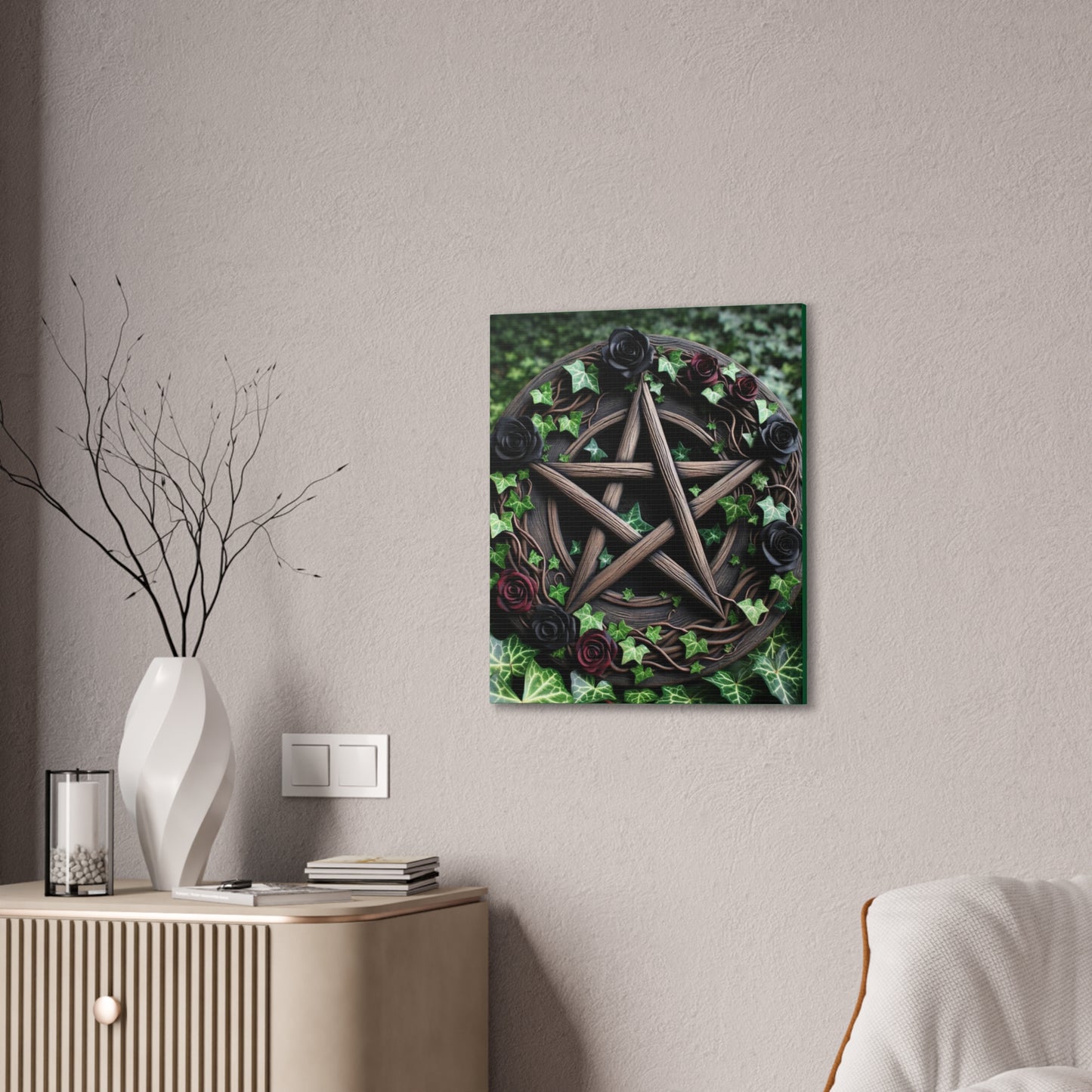 Canvas Wall Art, Wood Pentacle with Red and Black Roses in Ivy Design