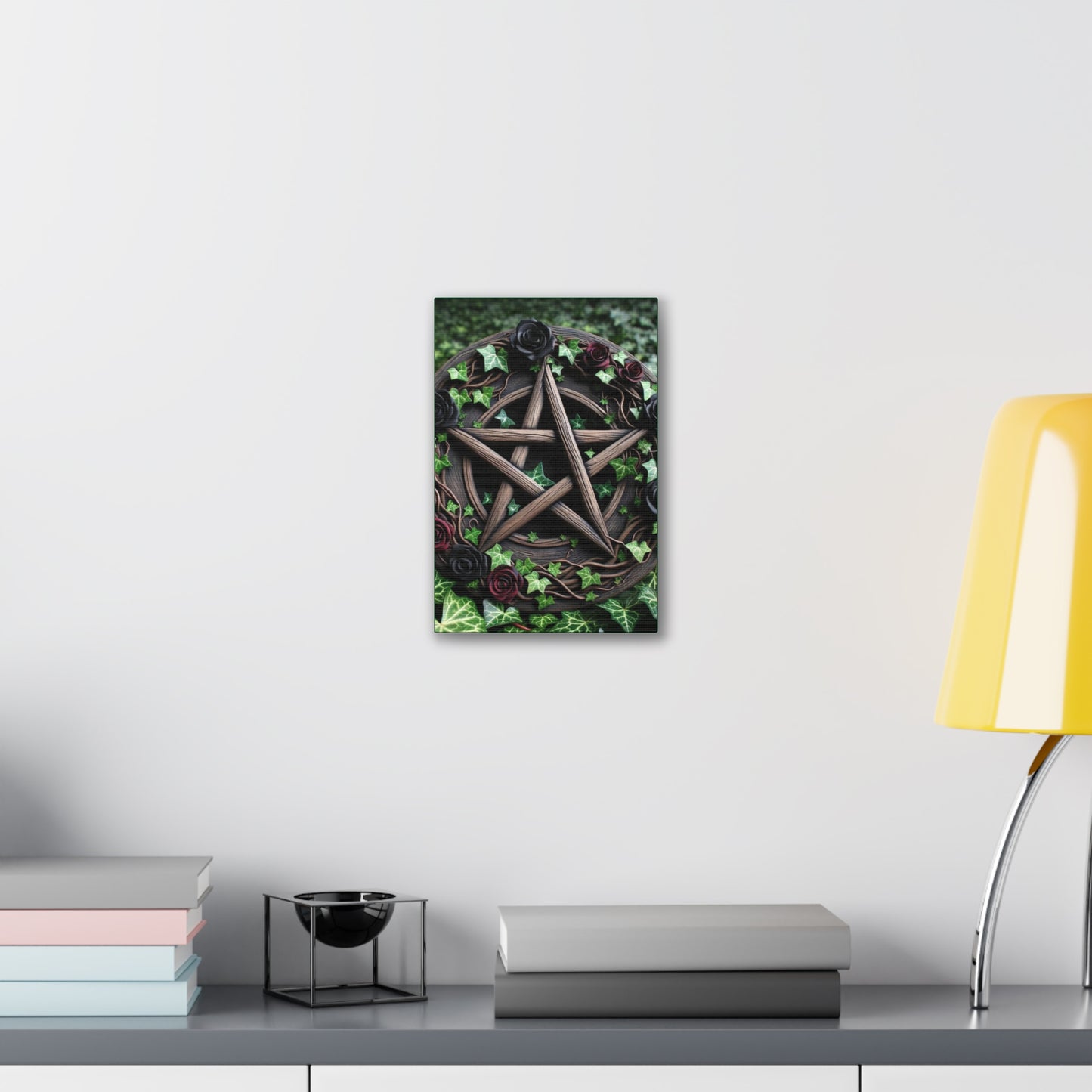 Canvas Wall Art, Wood Pentacle with Red and Black Roses in Ivy Design