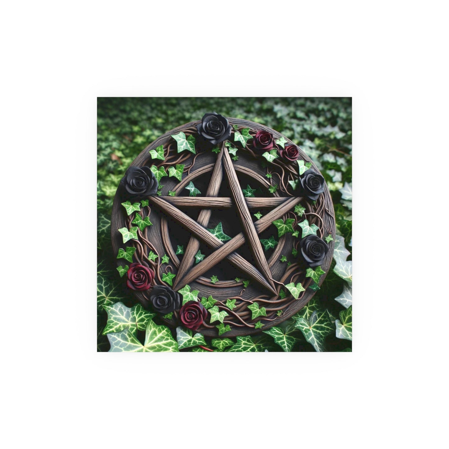 Poster - Wood Pentacle with Red and Black Roses in Ivy