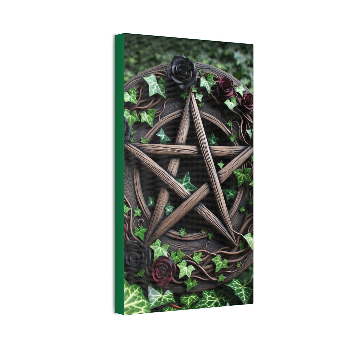 Canvas Wall Art, Wood Pentacle with Red and Black Roses in Ivy Design