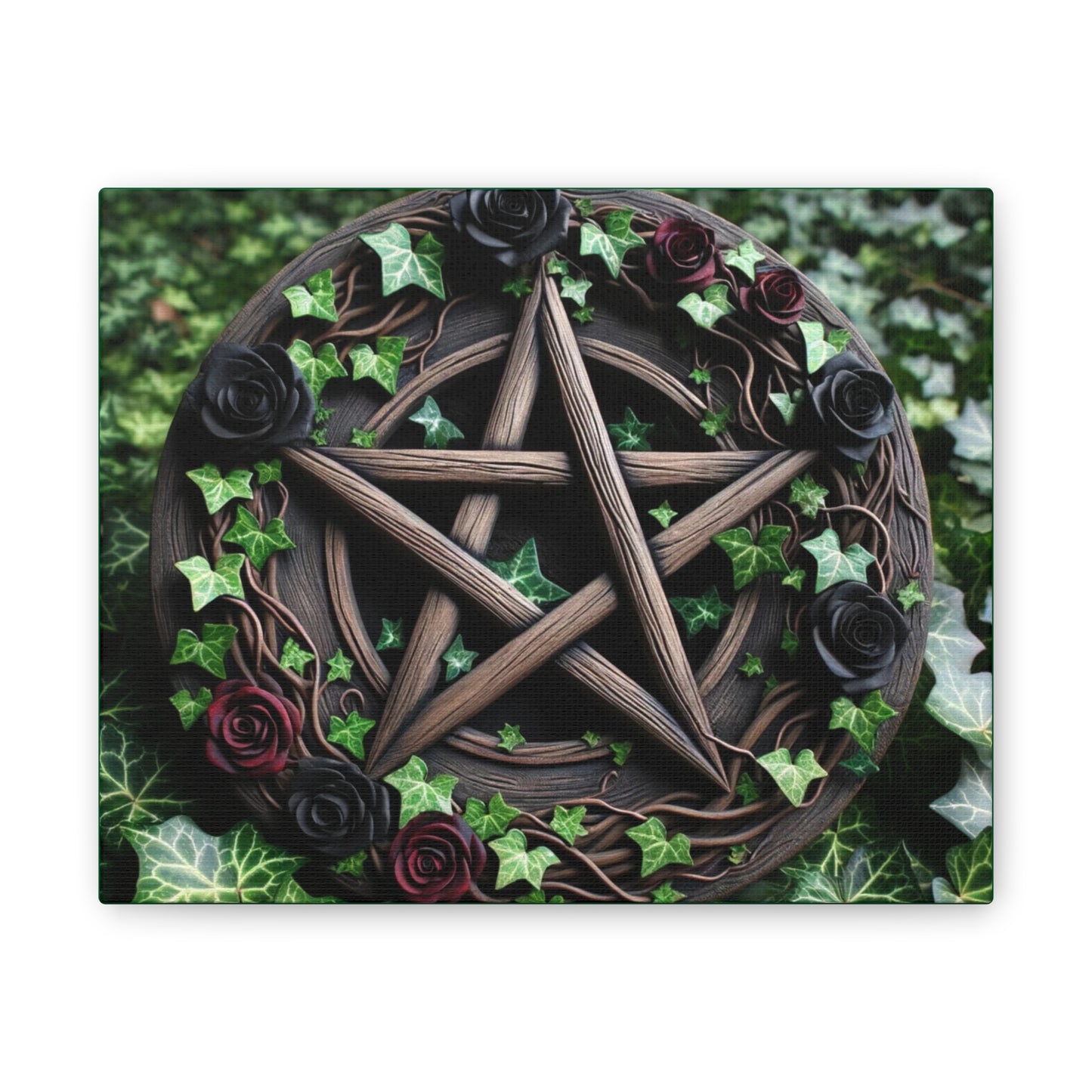 Canvas Wall Art, Wood Pentacle with Red and Black Roses in Ivy Design