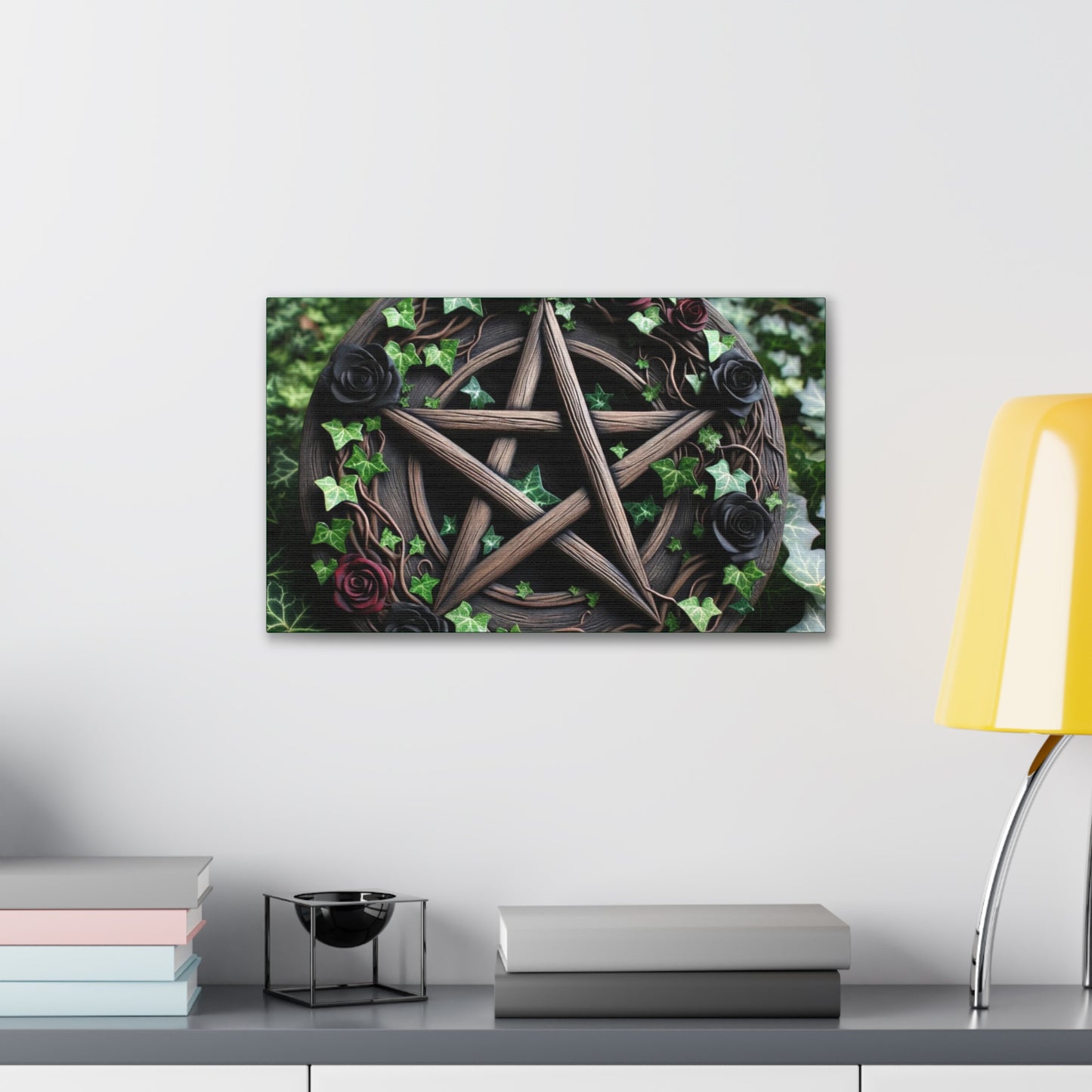 Canvas Wall Art, Wood Pentacle with Red and Black Roses in Ivy Design