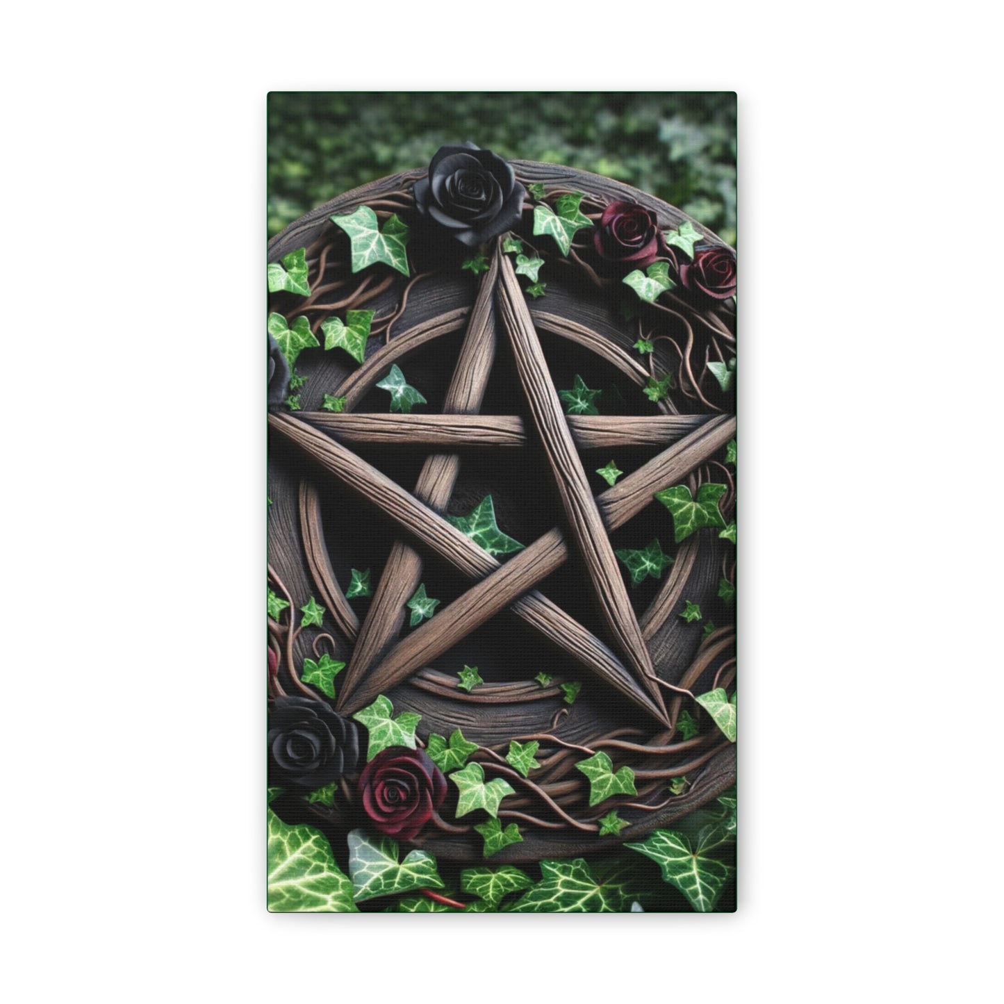 Canvas Wall Art, Wood Pentacle with Red and Black Roses in Ivy Design