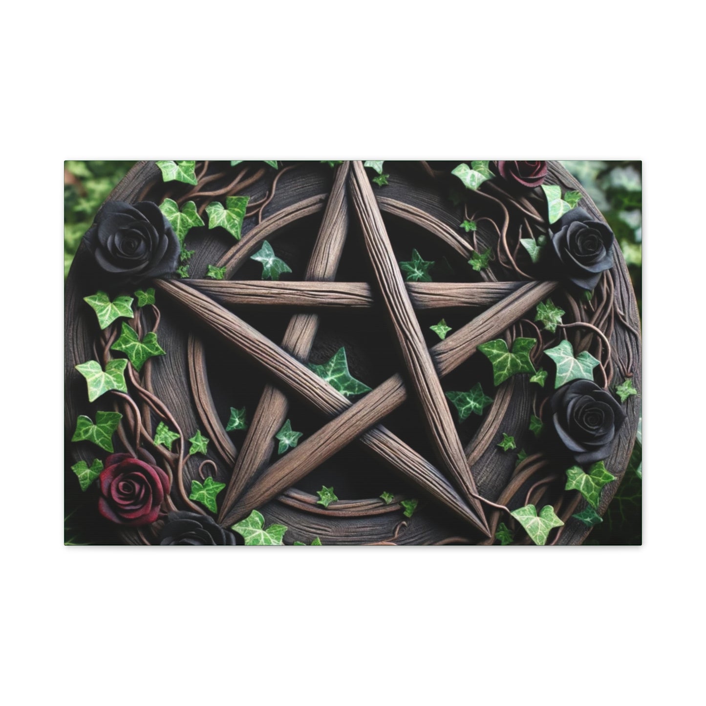 Canvas Wall Art, Wood Pentacle with Red and Black Roses in Ivy Design