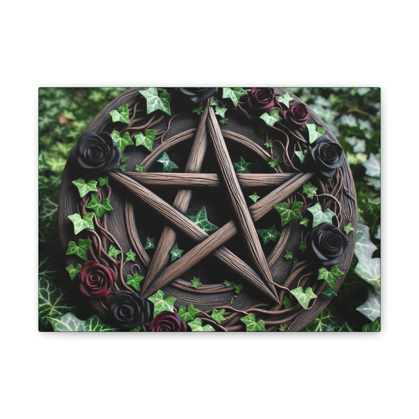 Canvas Wall Art, Wood Pentacle with Red and Black Roses in Ivy Design