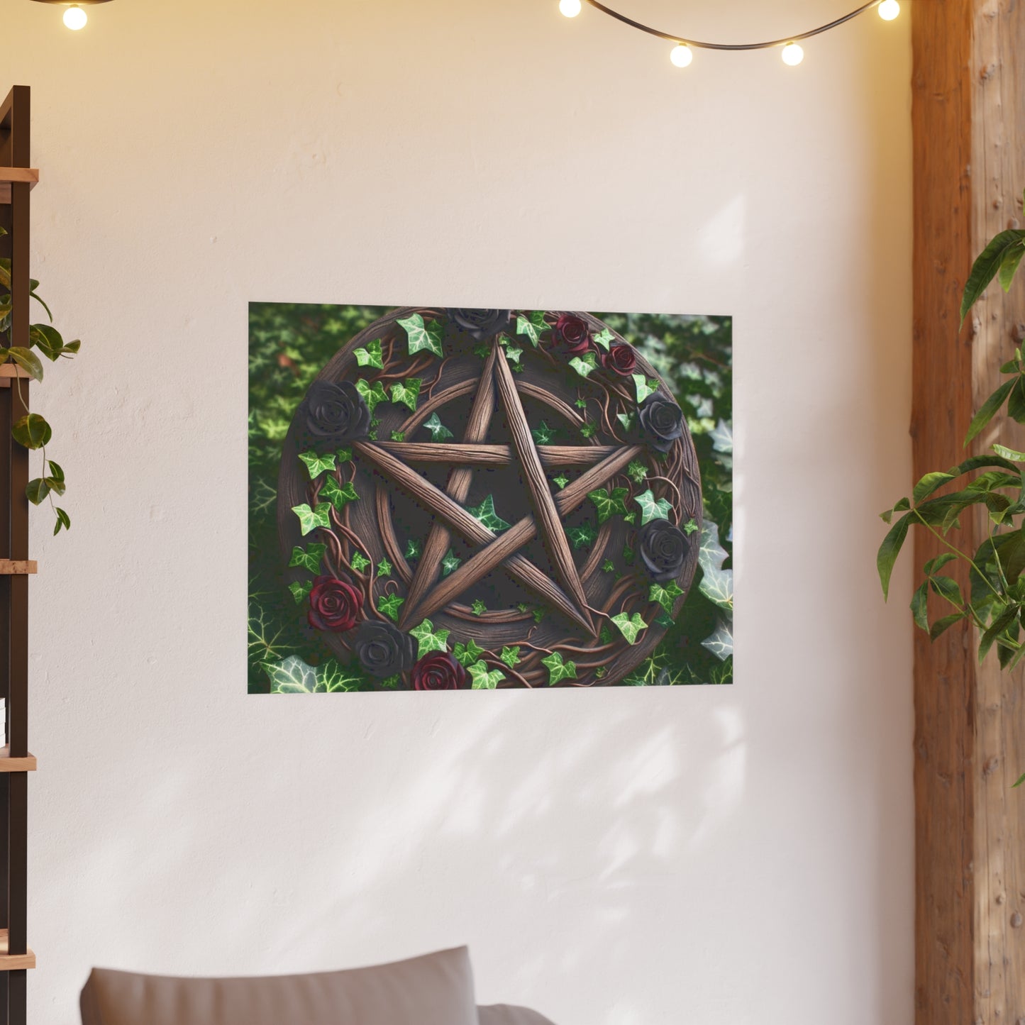 Poster - Wood Pentacle with Red and Black Roses in Ivy