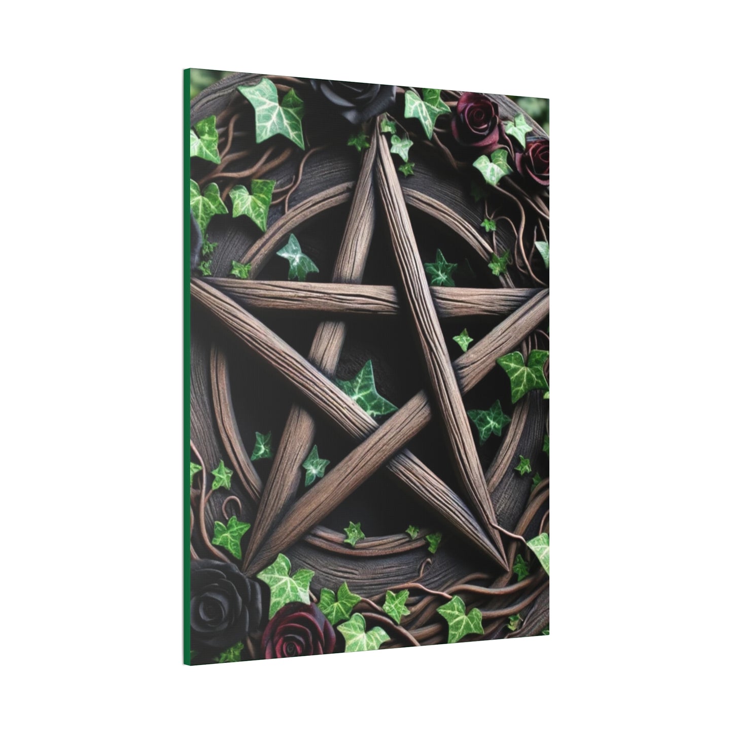 Canvas Wall Art, Wood Pentacle with Red and Black Roses in Ivy Design