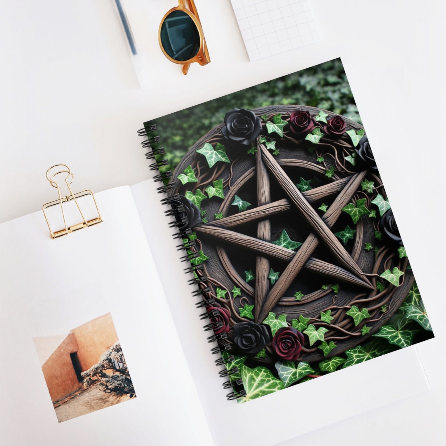 Pentacle with Red & Black Roses Spiral Notebook — Ruled Journal for Witches & Gothic Aesthetic