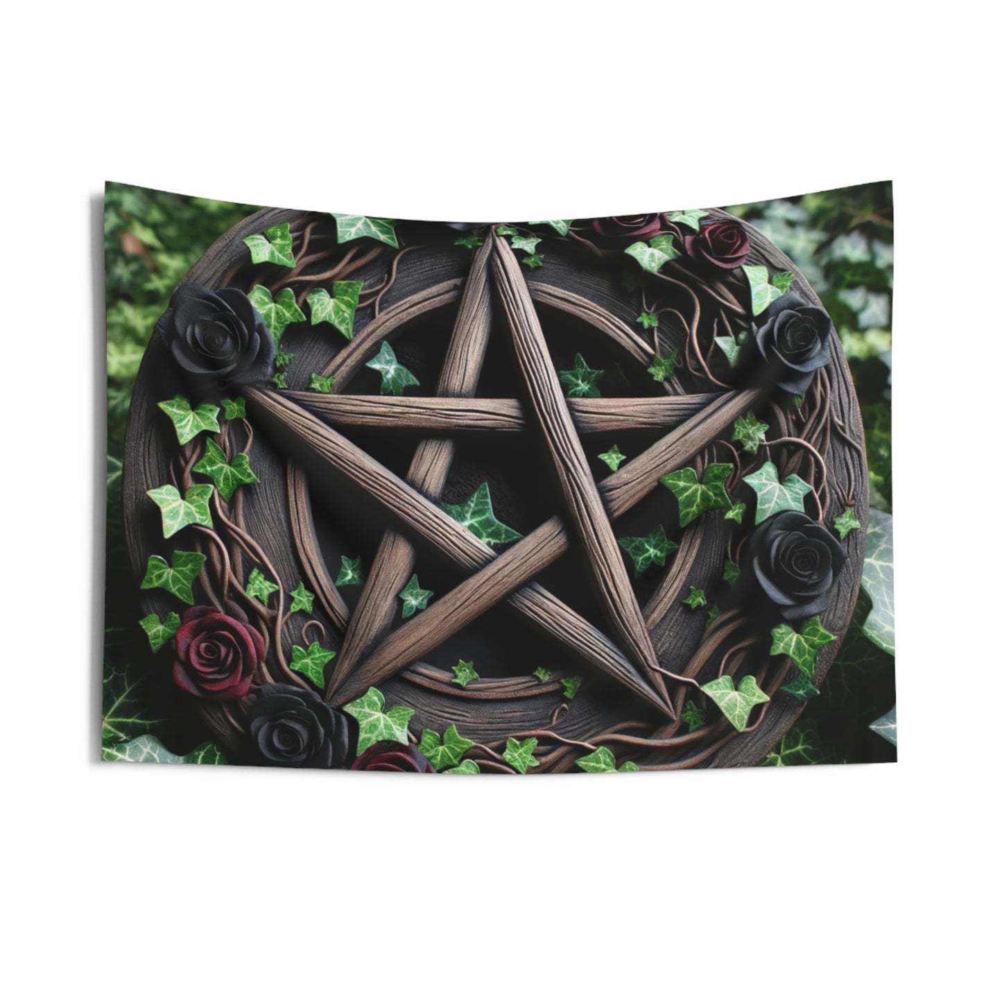 Tapestry Wall Decor - Wood Pentacle with Red and Black Roses in Ivy