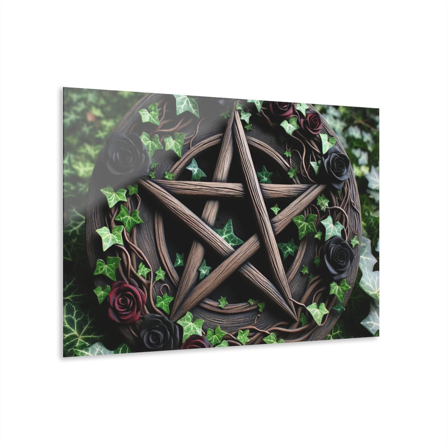 Acrylic Print Wall Decor - Wood Pentacle with Red and Black Roses in Ivy