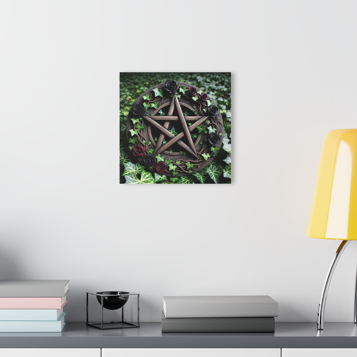 Acrylic Print Wall Decor - Wood Pentacle with Red and Black Roses in Ivy