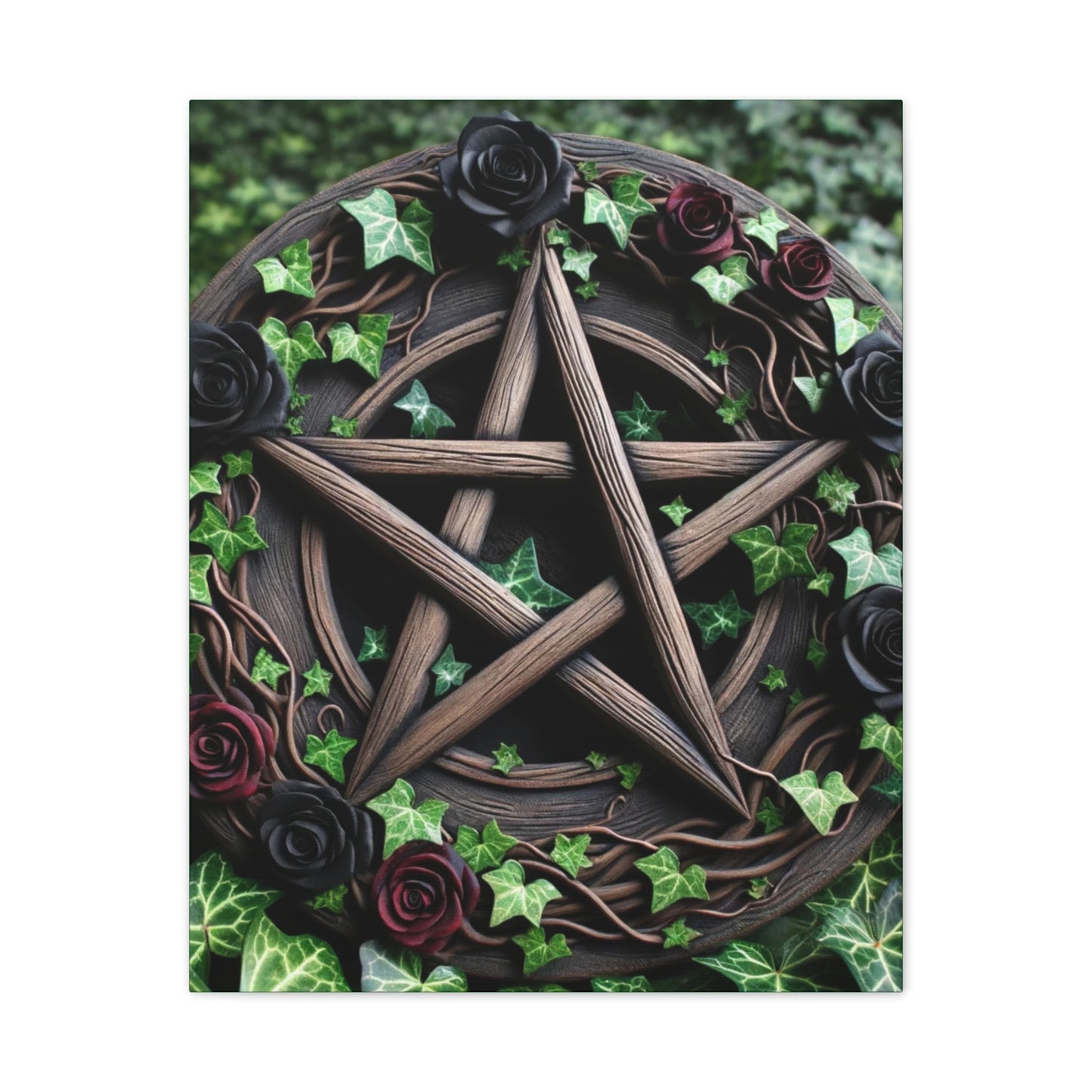 Canvas Wall Art, Wood Pentacle with Red and Black Roses in Ivy Design